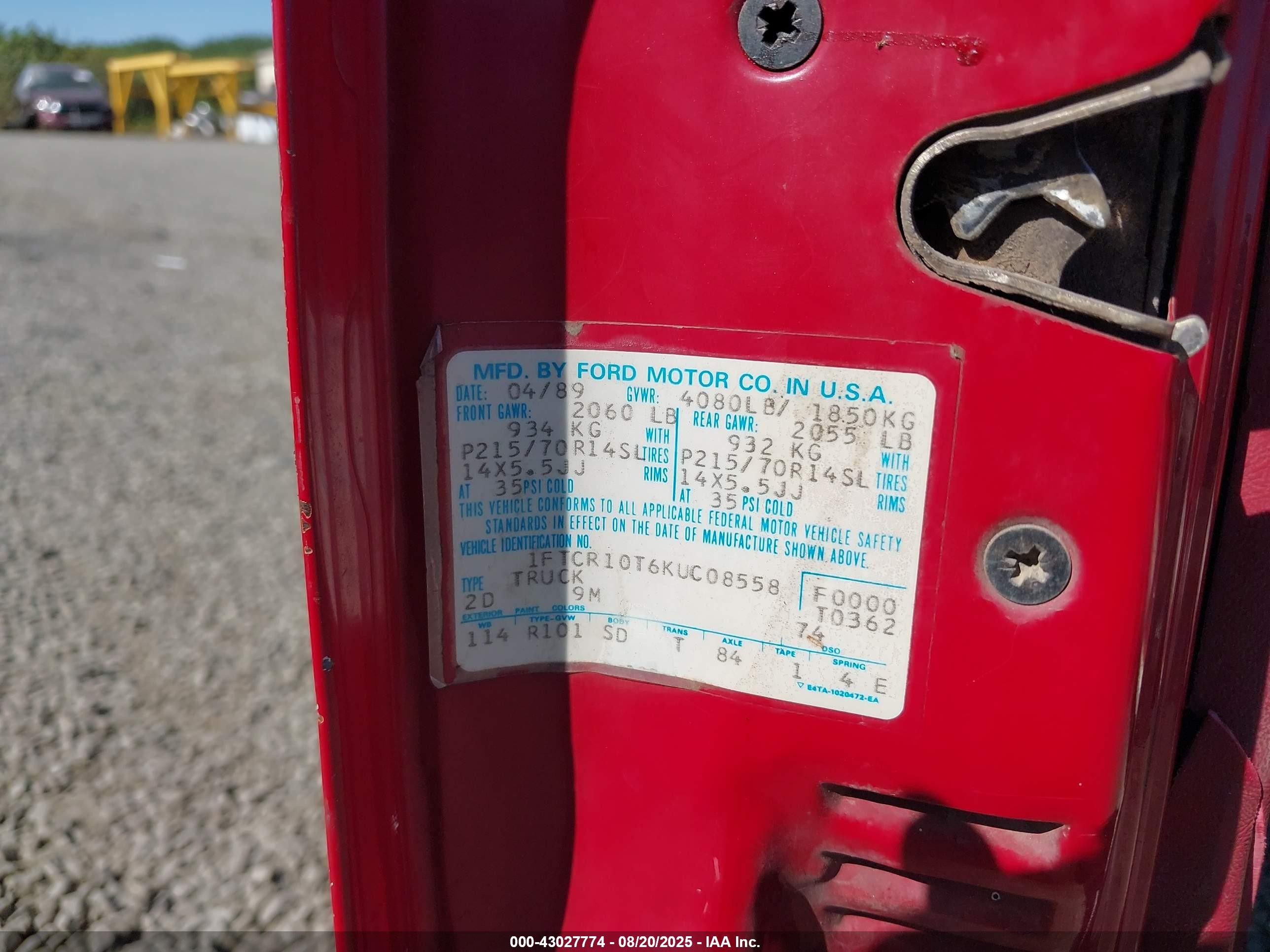 1989 Ford Ranger   Red vin: 1FTCR10T6KUC08558