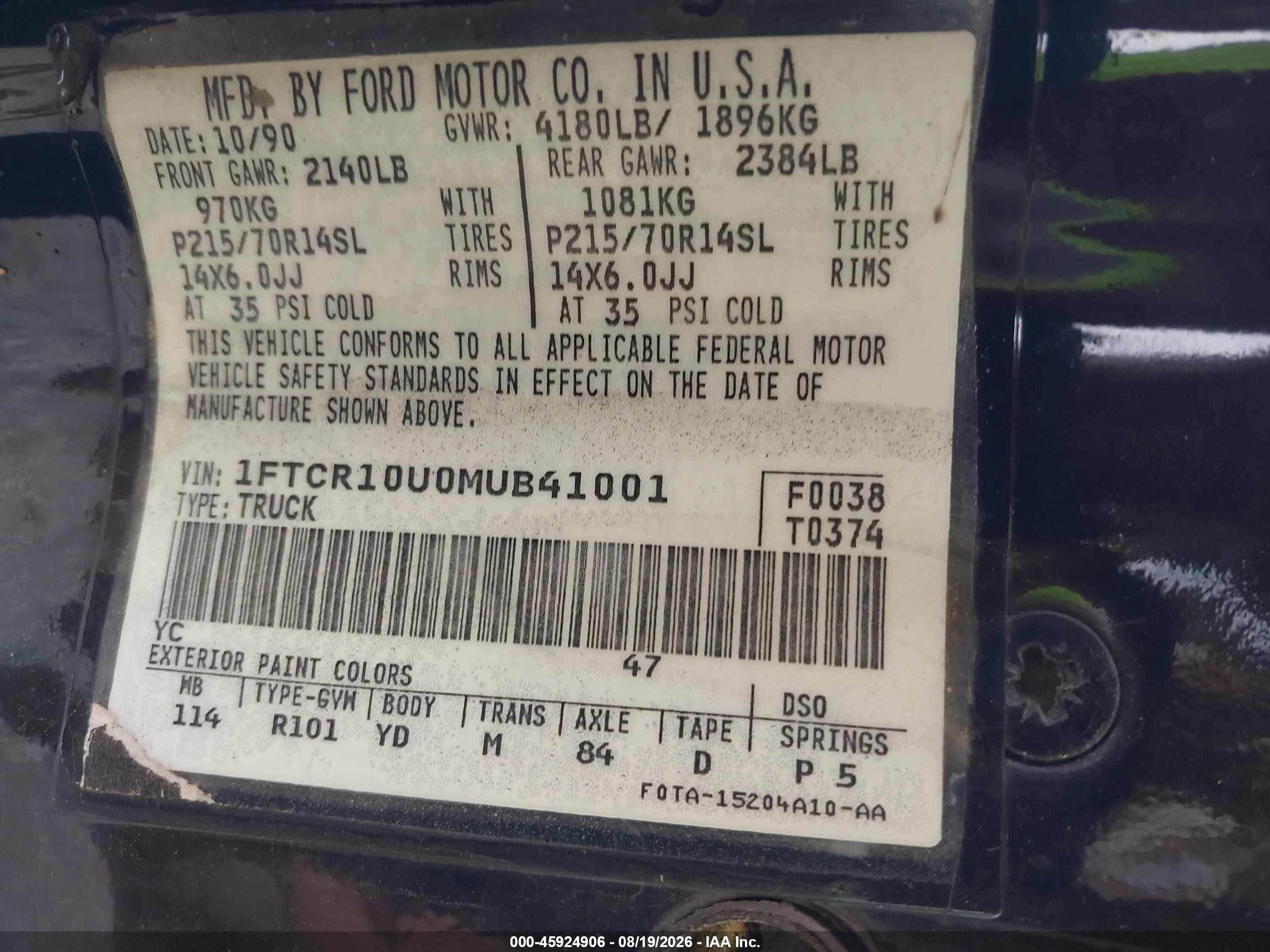 1991 Ford Ranger   Black vin: 1FTCR10U0MUB41001