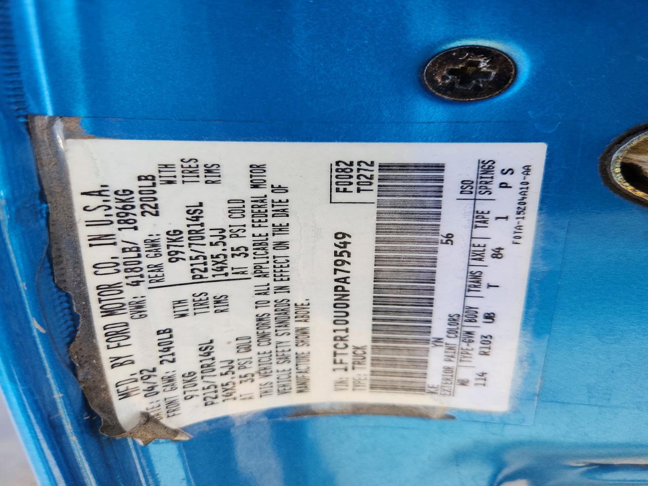 1992 Ford Ranger Blue vin: 1FTCR10U0NPA79549