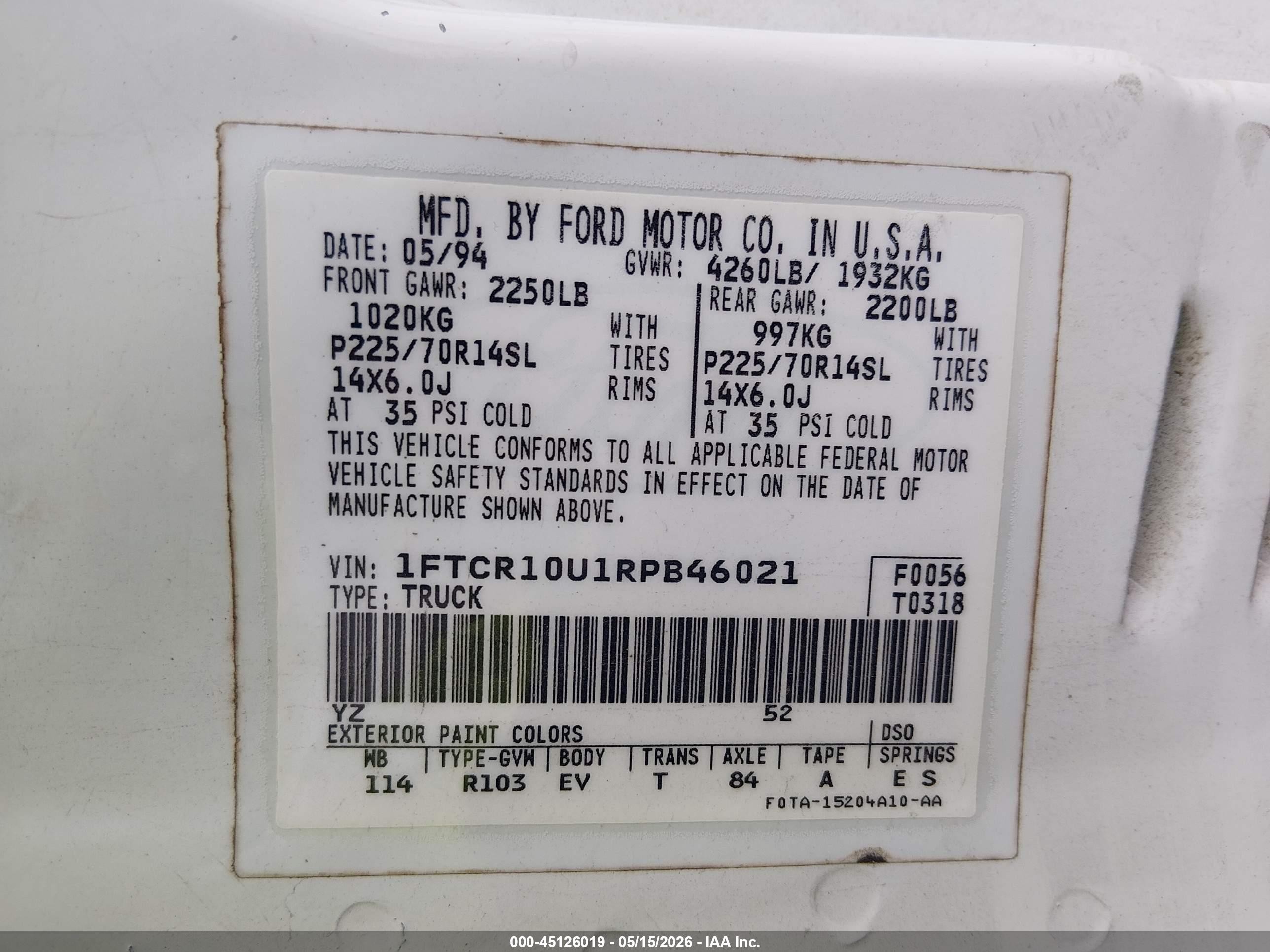 1994 Ford Ranger   White vin: 1FTCR10U1RPB46021