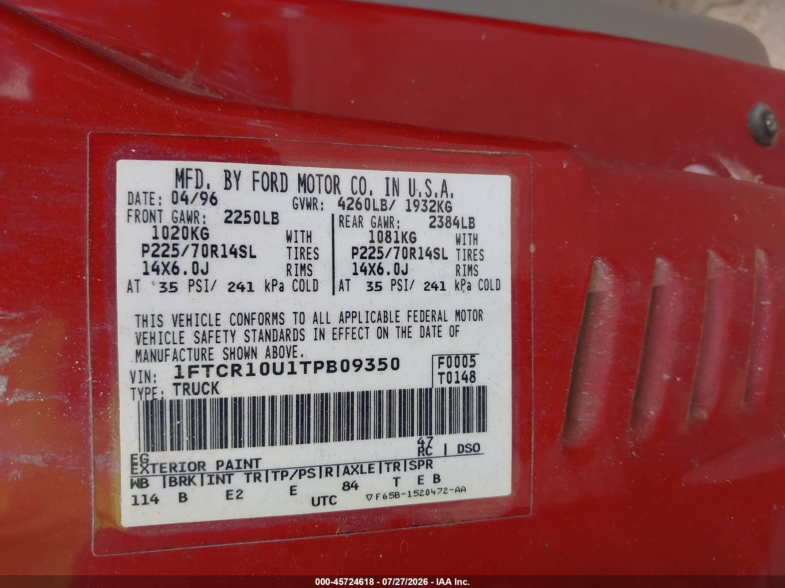 1996 Ford Ranger Red vin: 1FTCR10U1TPB09350