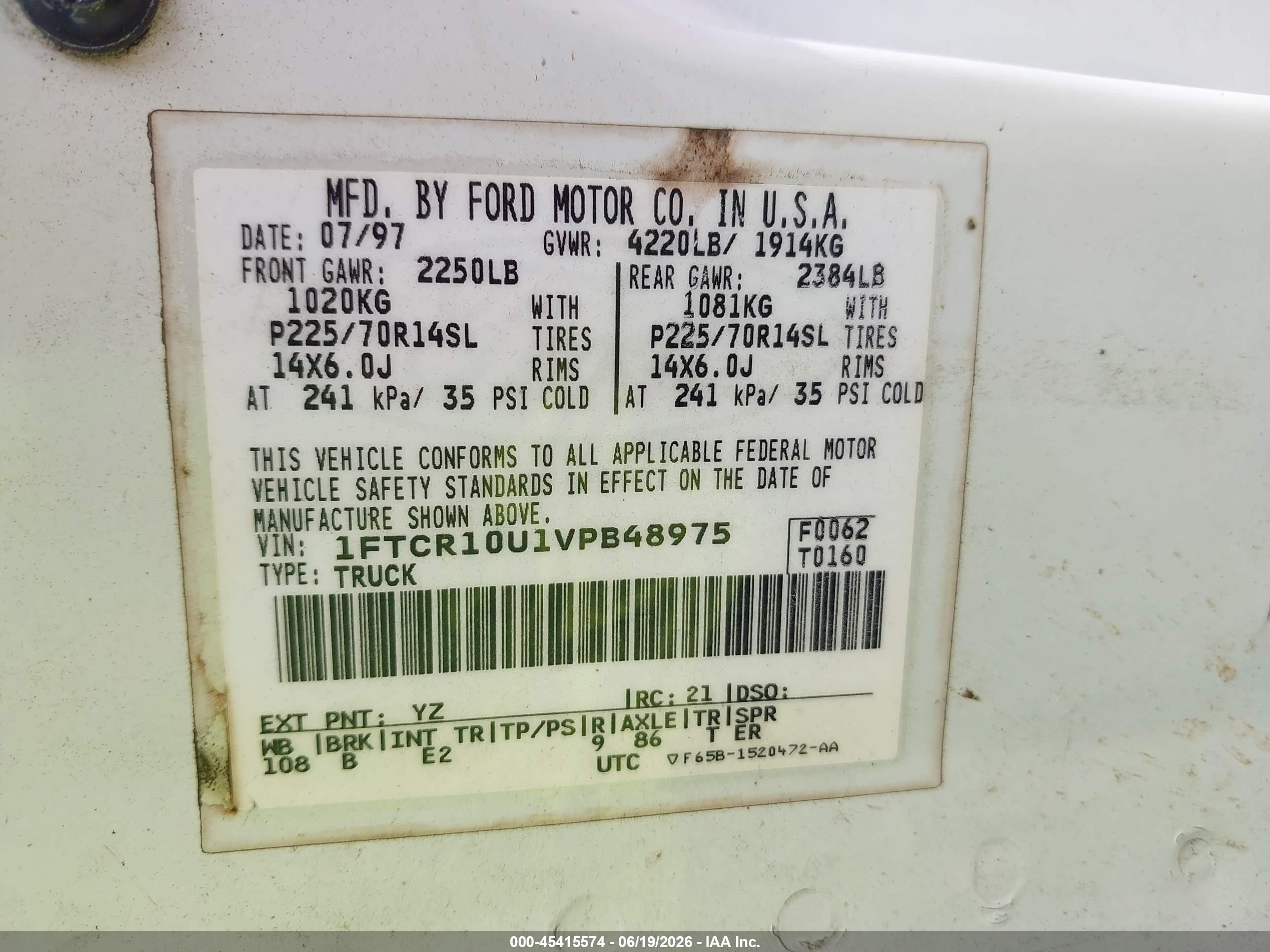 1997 Ford Ranger Splash/xl/xlt White vin: 1FTCR10U1VPB48975