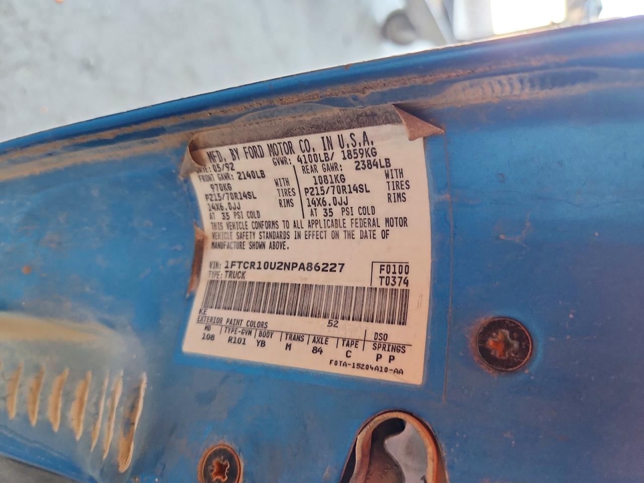 1992 Ford Ranger Blue vin: 1FTCR10U2NPA86227