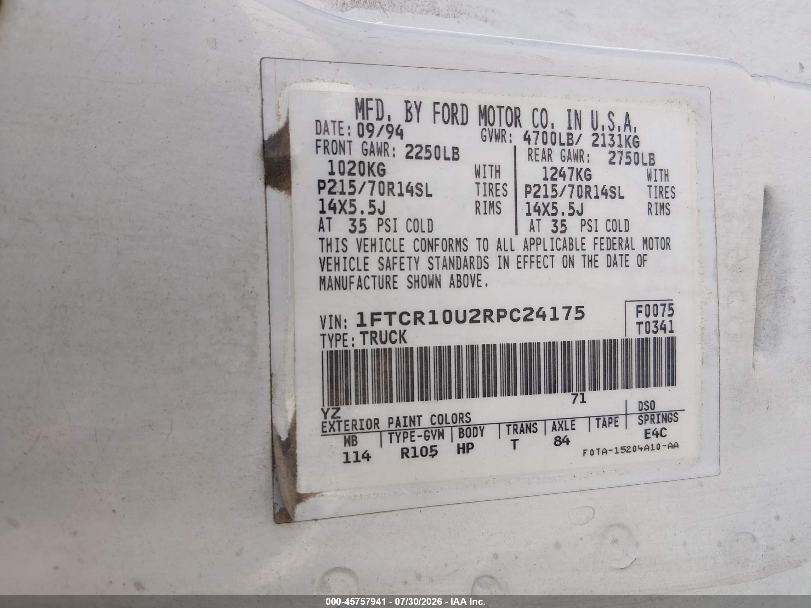 1994 Ford Ranger White vin: 1FTCR10U2RPC24175