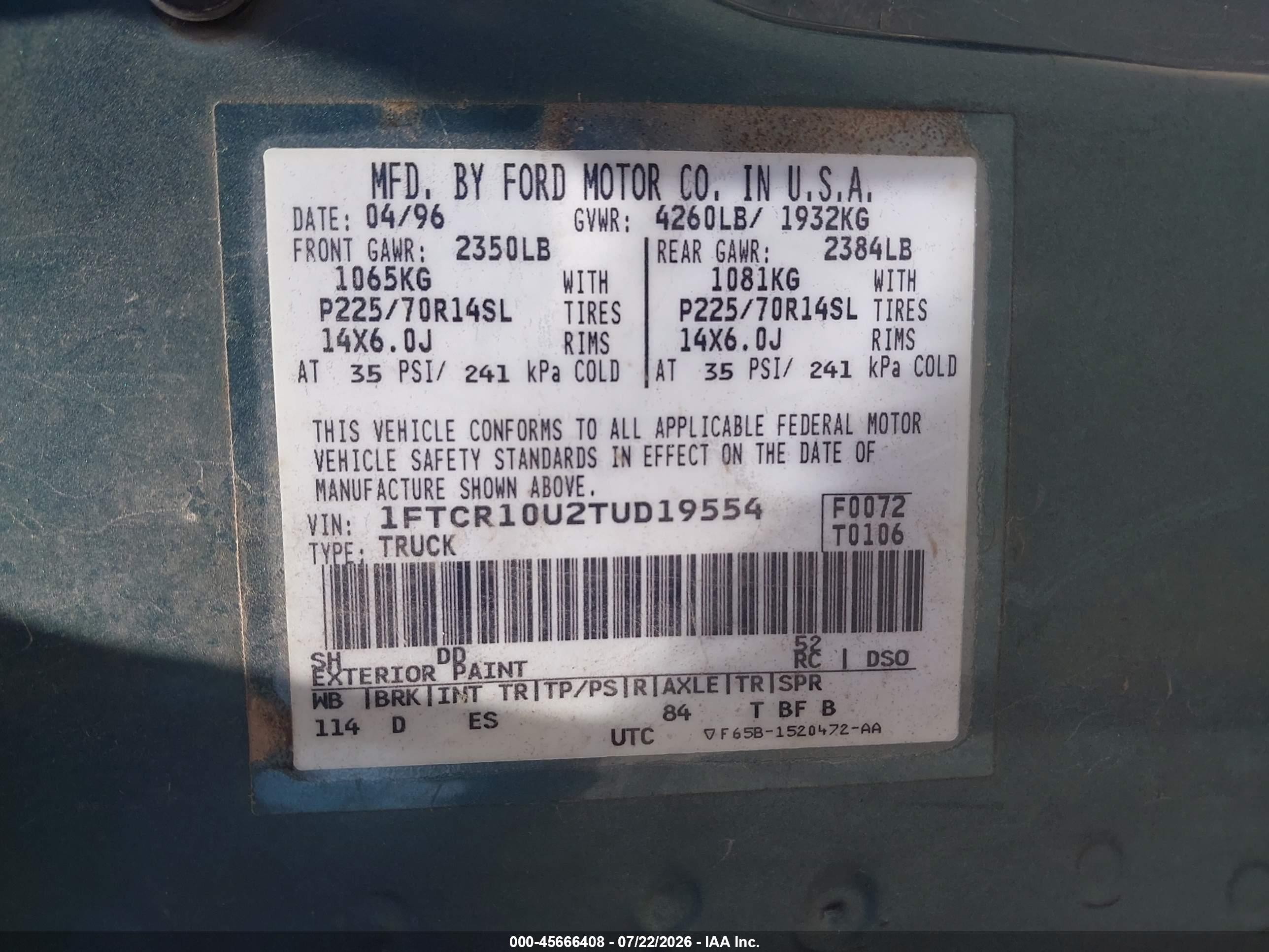 1996 Ford Ranger   Green vin: 1FTCR10U2TUD19554