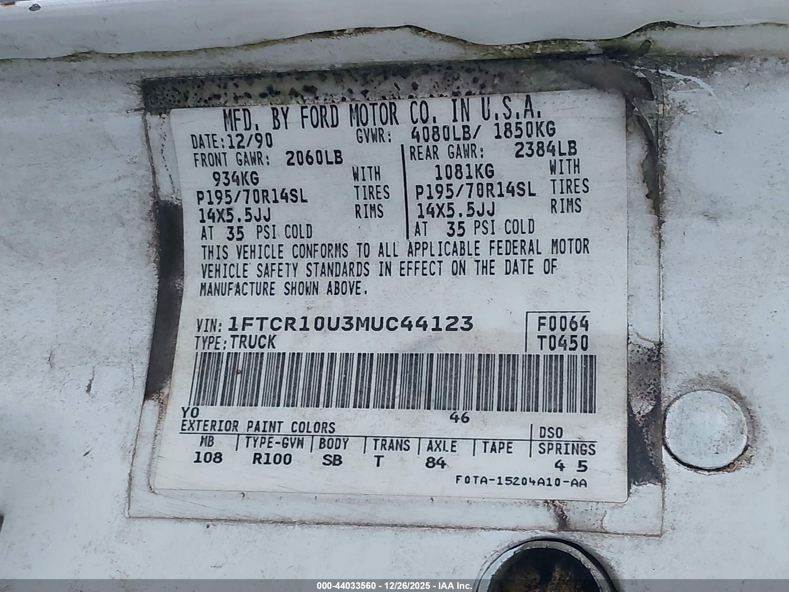 1991 Ford Ranger   White vin: 1FTCR10U3MUC44123