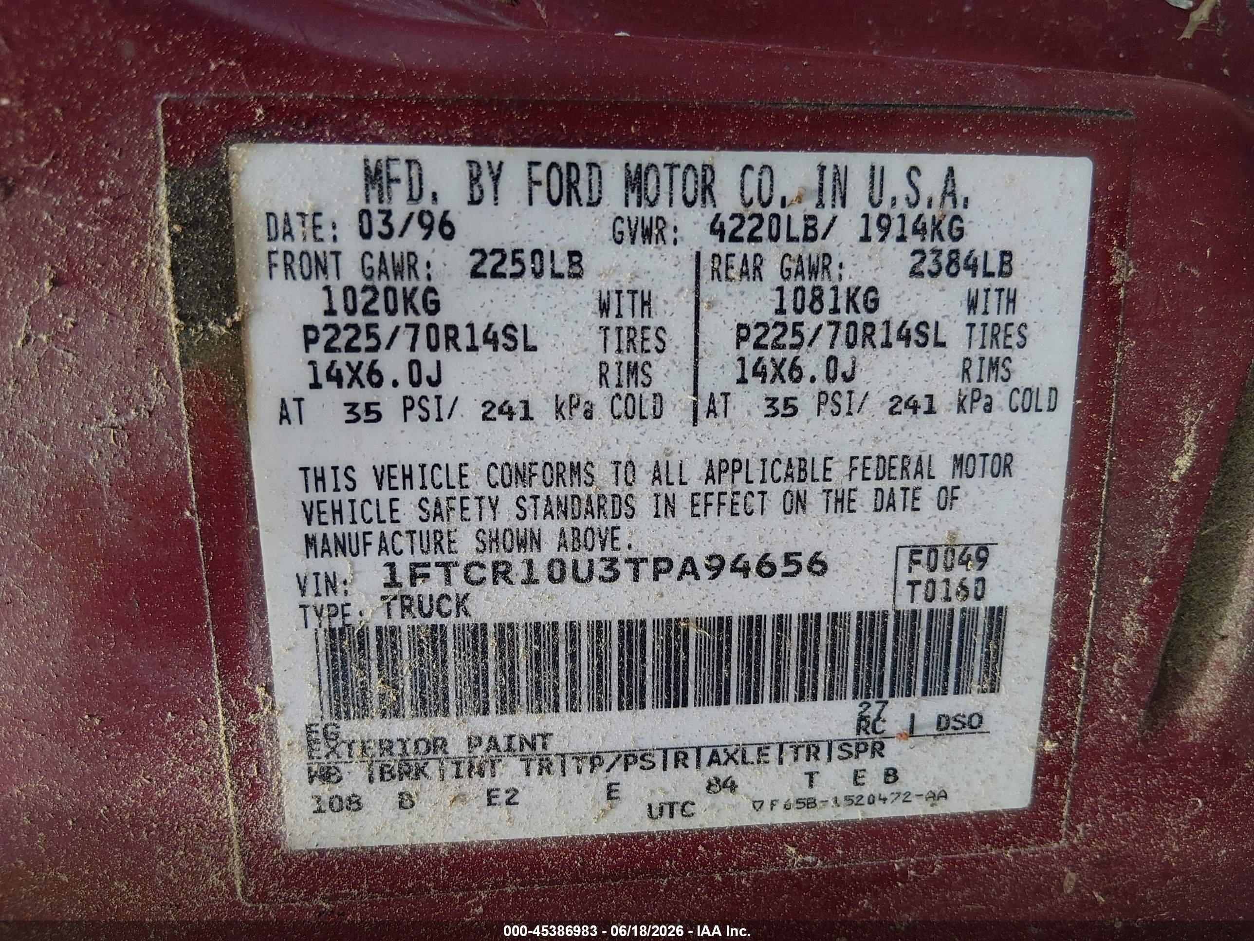 1996 Ford Ranger   Burgundy vin: 1FTCR10U3TPA94656