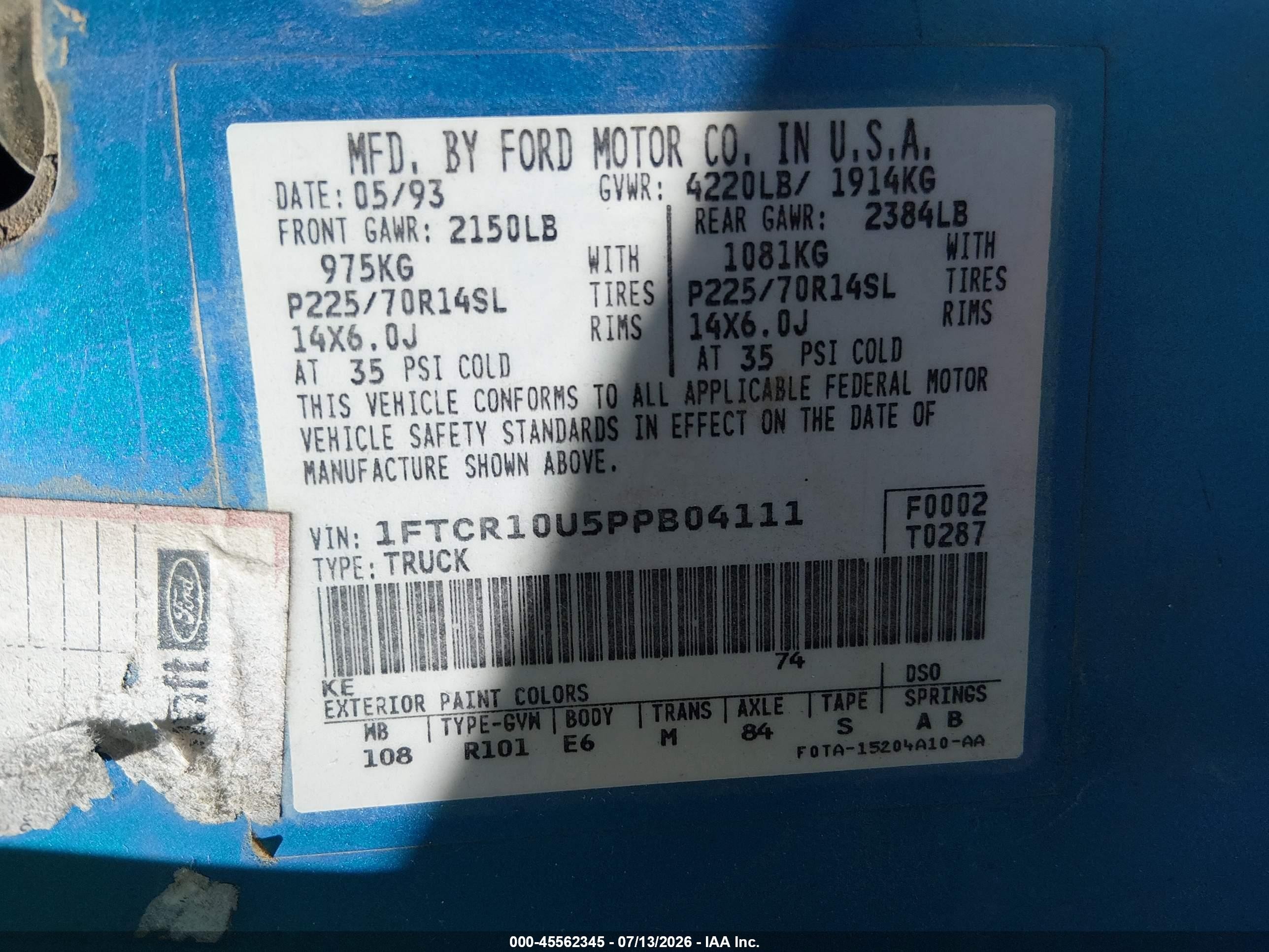 1993 Ford Ranger Blue vin: 1FTCR10U5PPB04111