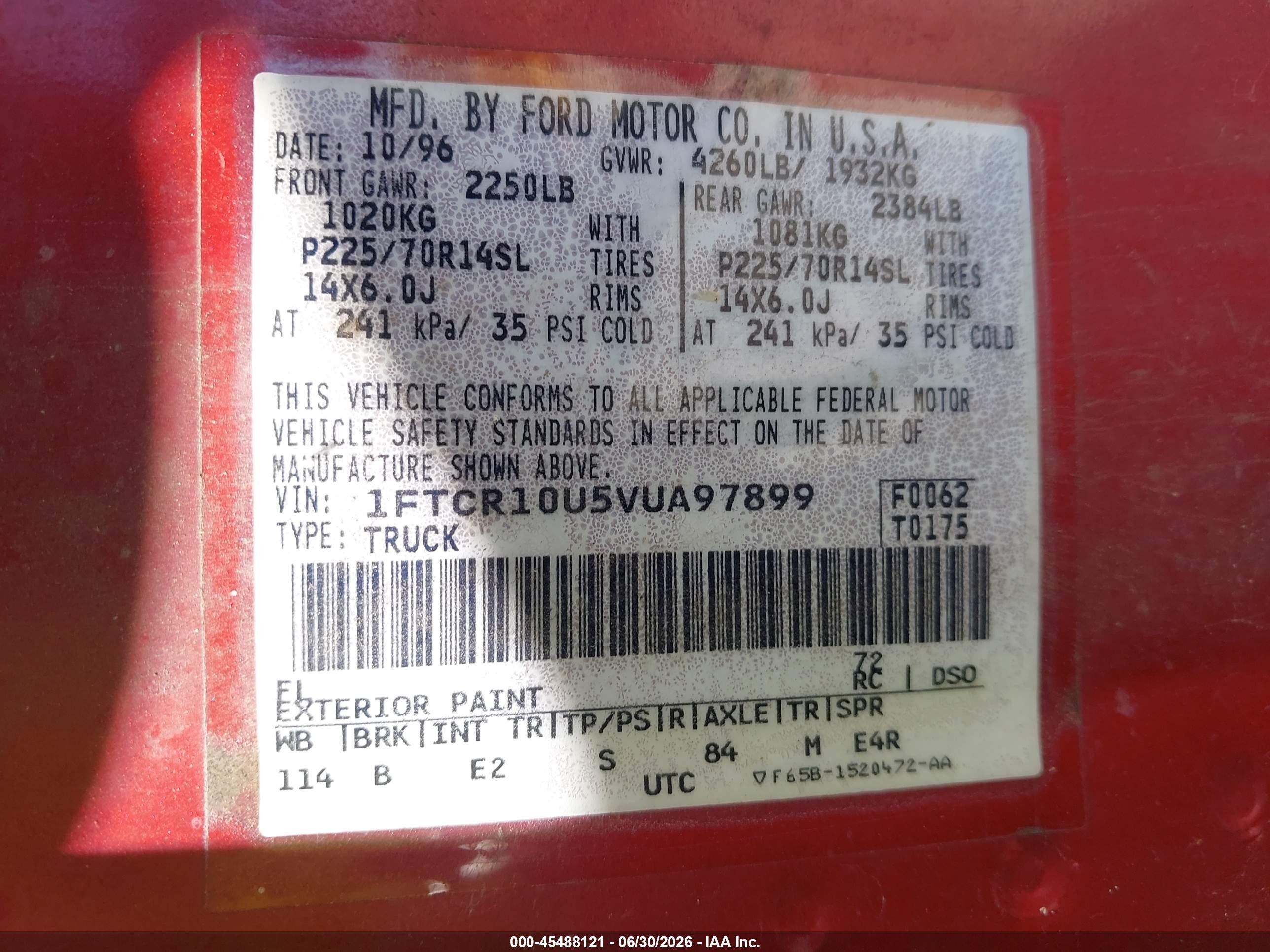 1997 Ford Ranger Splash/xlt Red vin: 1FTCR10U5VUA97899