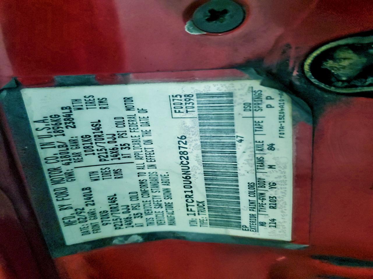 1992 Ford Ranger Red vin: 1FTCR10U6NUC28726