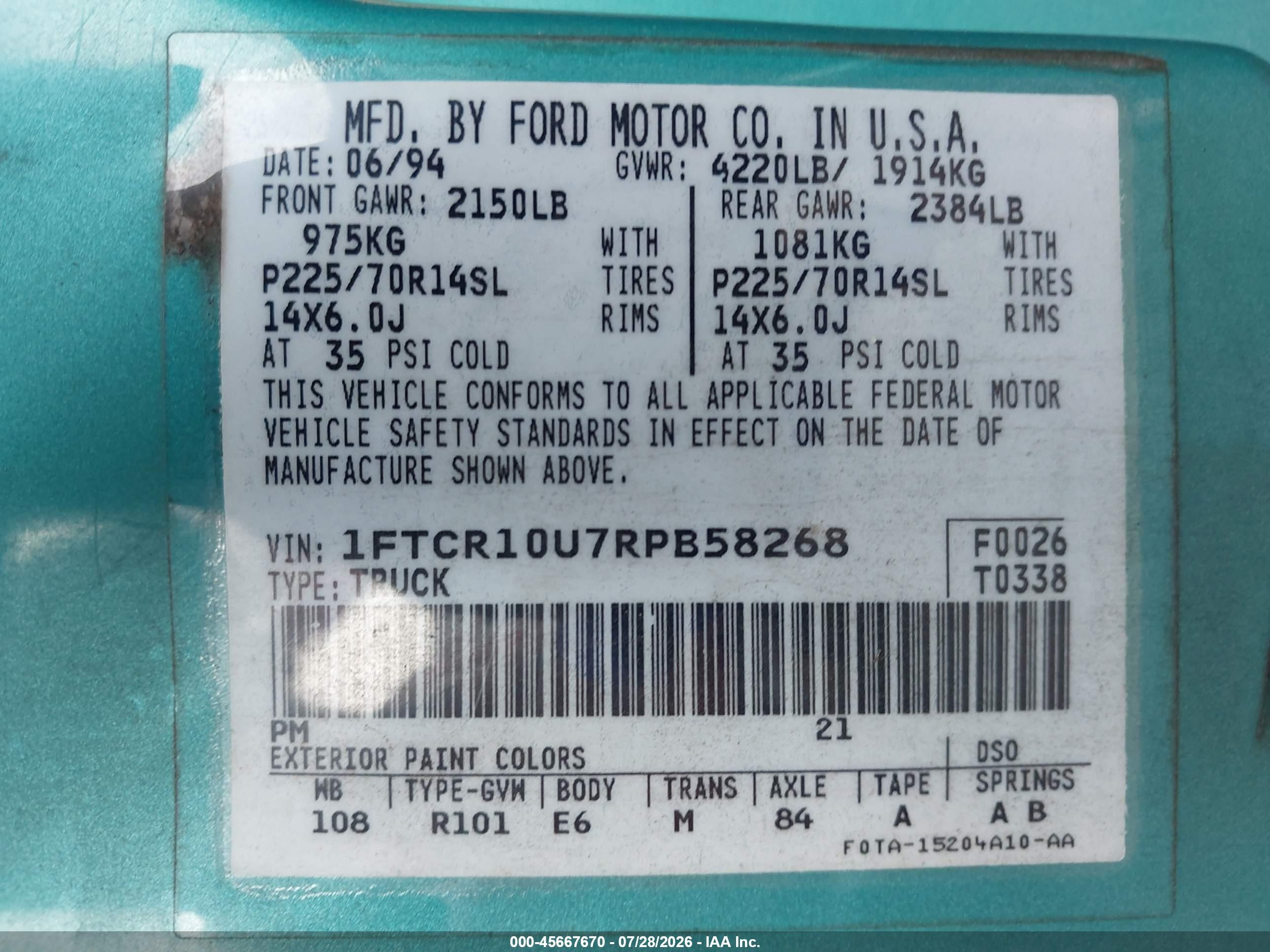 1994 Ford Ranger   Green vin: 1FTCR10U7RPB58268
