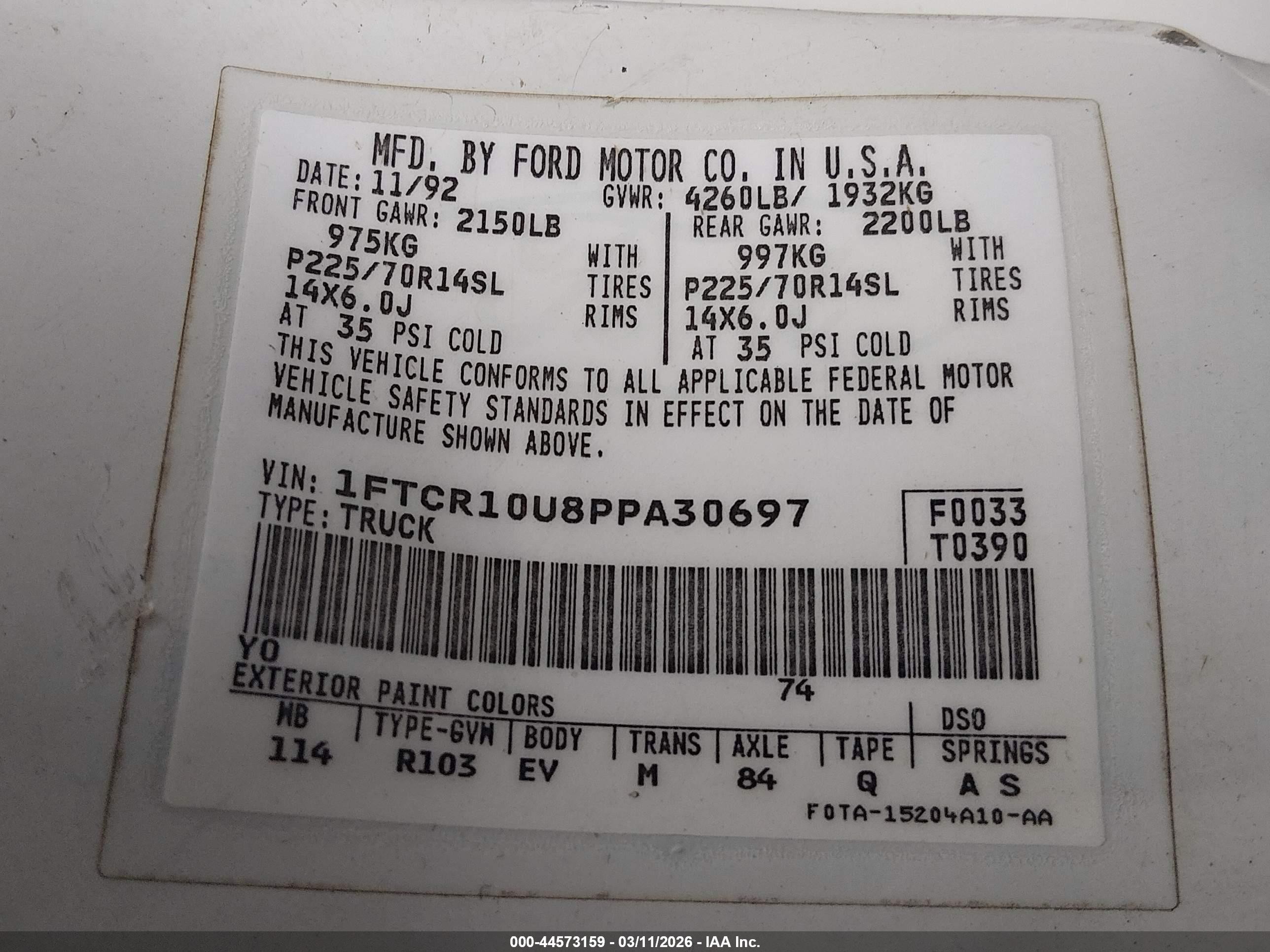 1993 Ford Ranger   White vin: 1FTCR10U8PPA30697