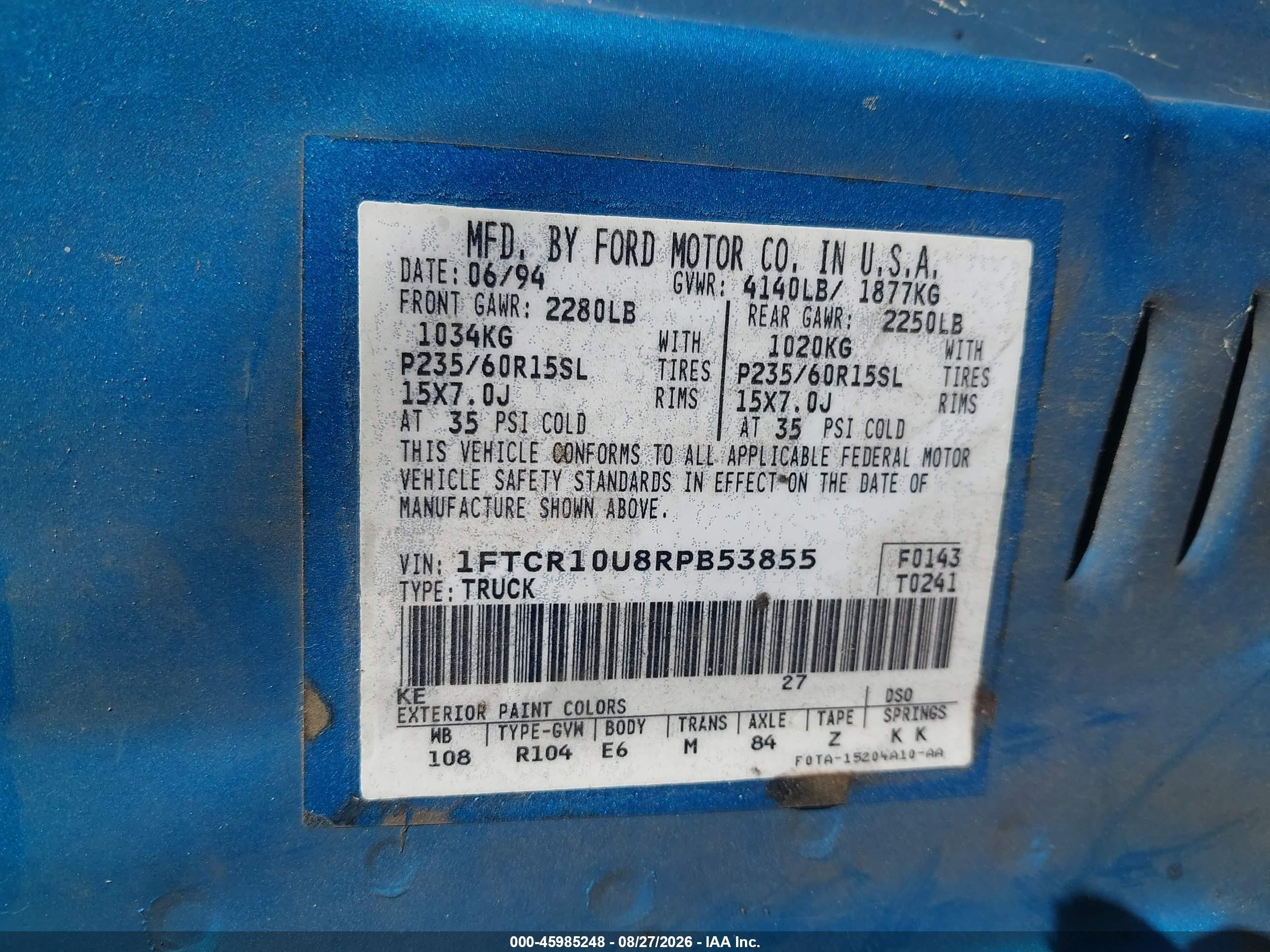 1994 Ford Ranger   Blue vin: 1FTCR10U8RPB53855
