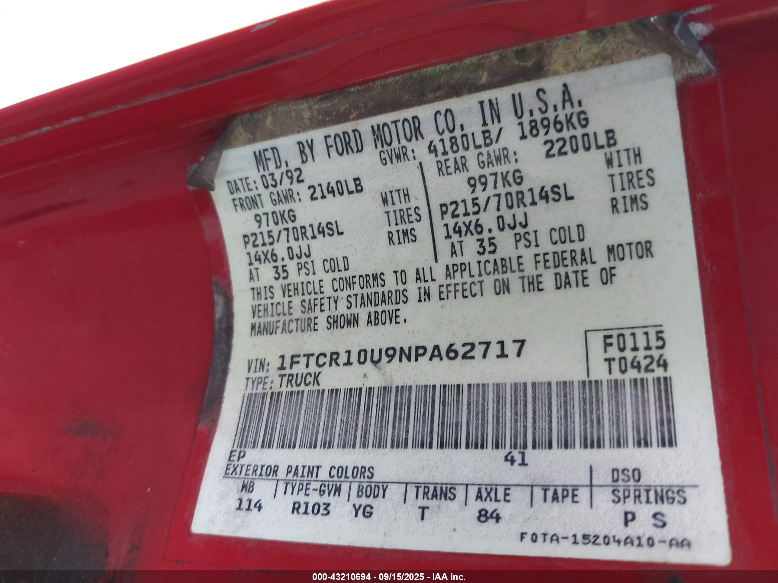 1992 Ford Ranger   Red vin: 1FTCR10U9NPA62717