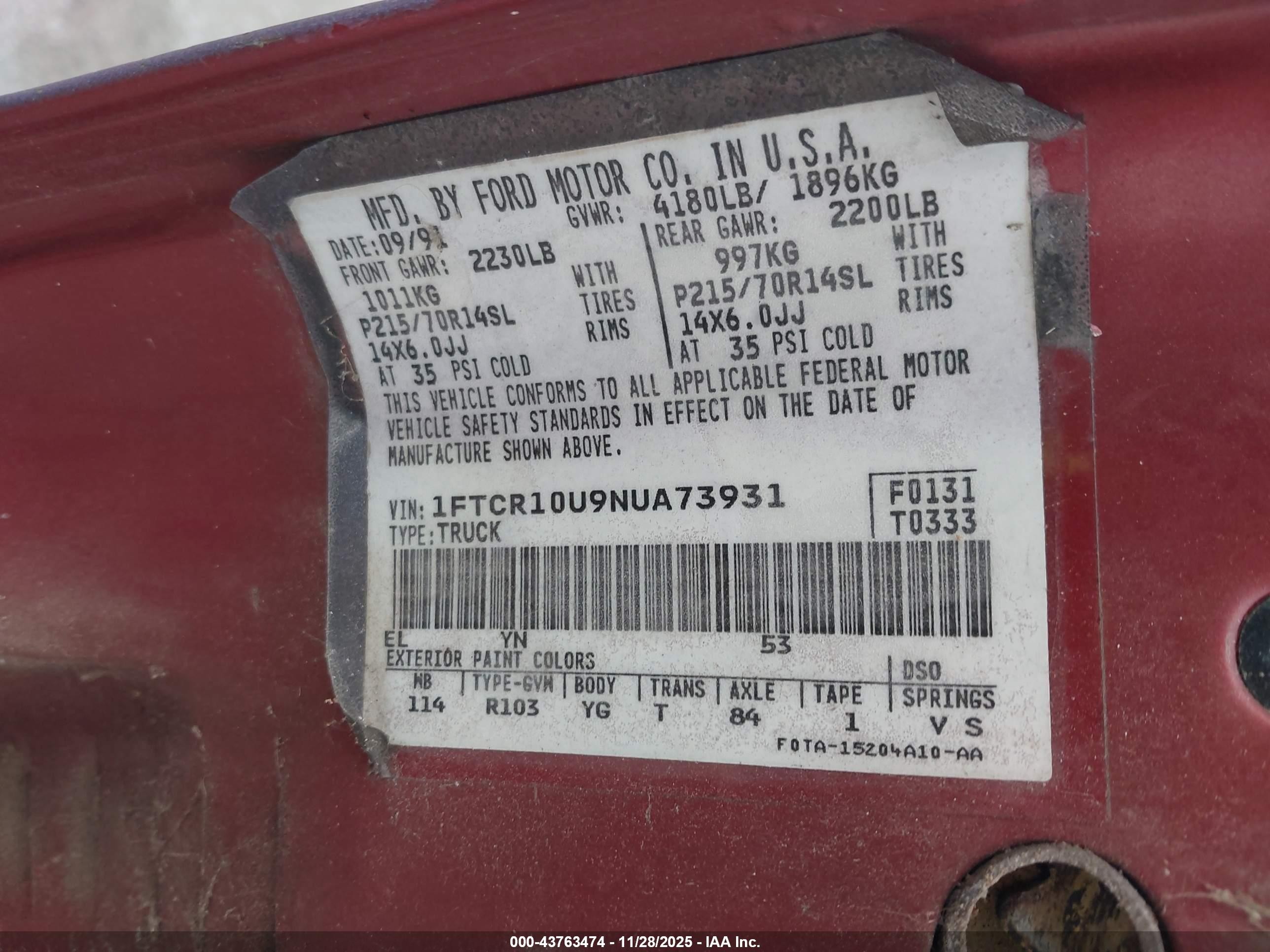 1992 Ford Ranger   Фиолетовый vin: 1FTCR10U9NUA73931