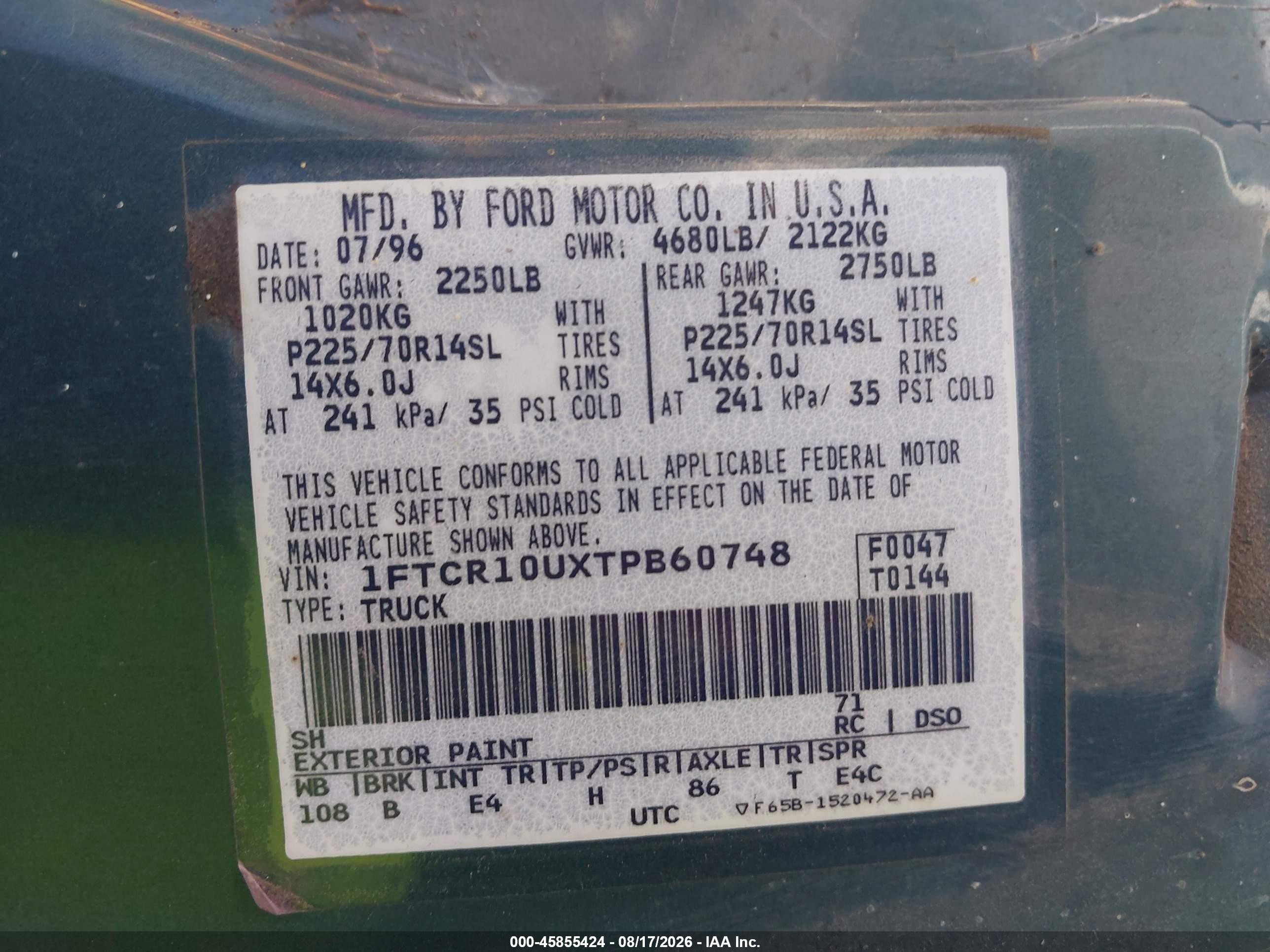 1996 Ford Ranger   Green vin: 1FTCR10UXTPB60748