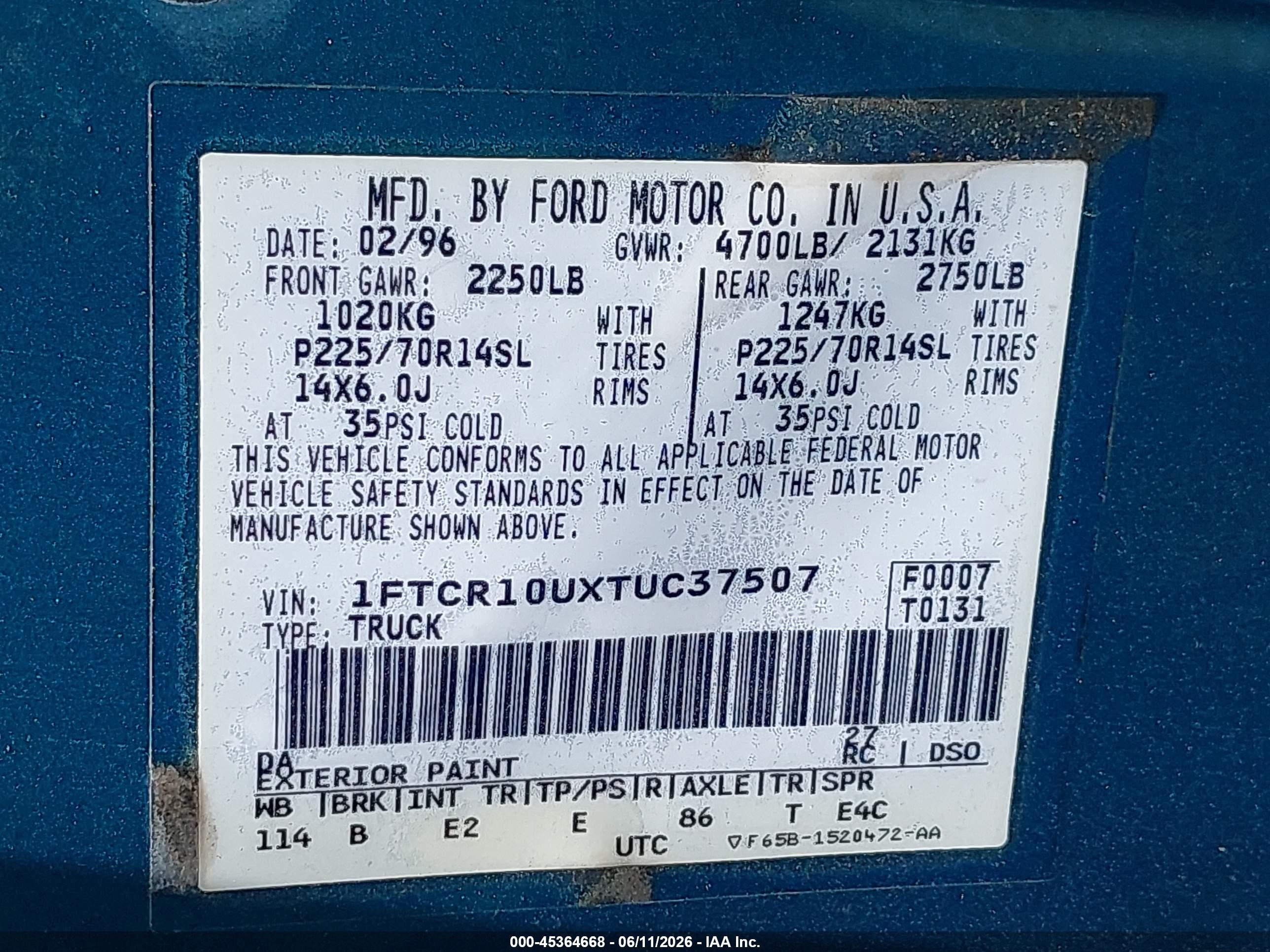 1996 Ford Ranger   Green vin: 1FTCR10UXTUC37507