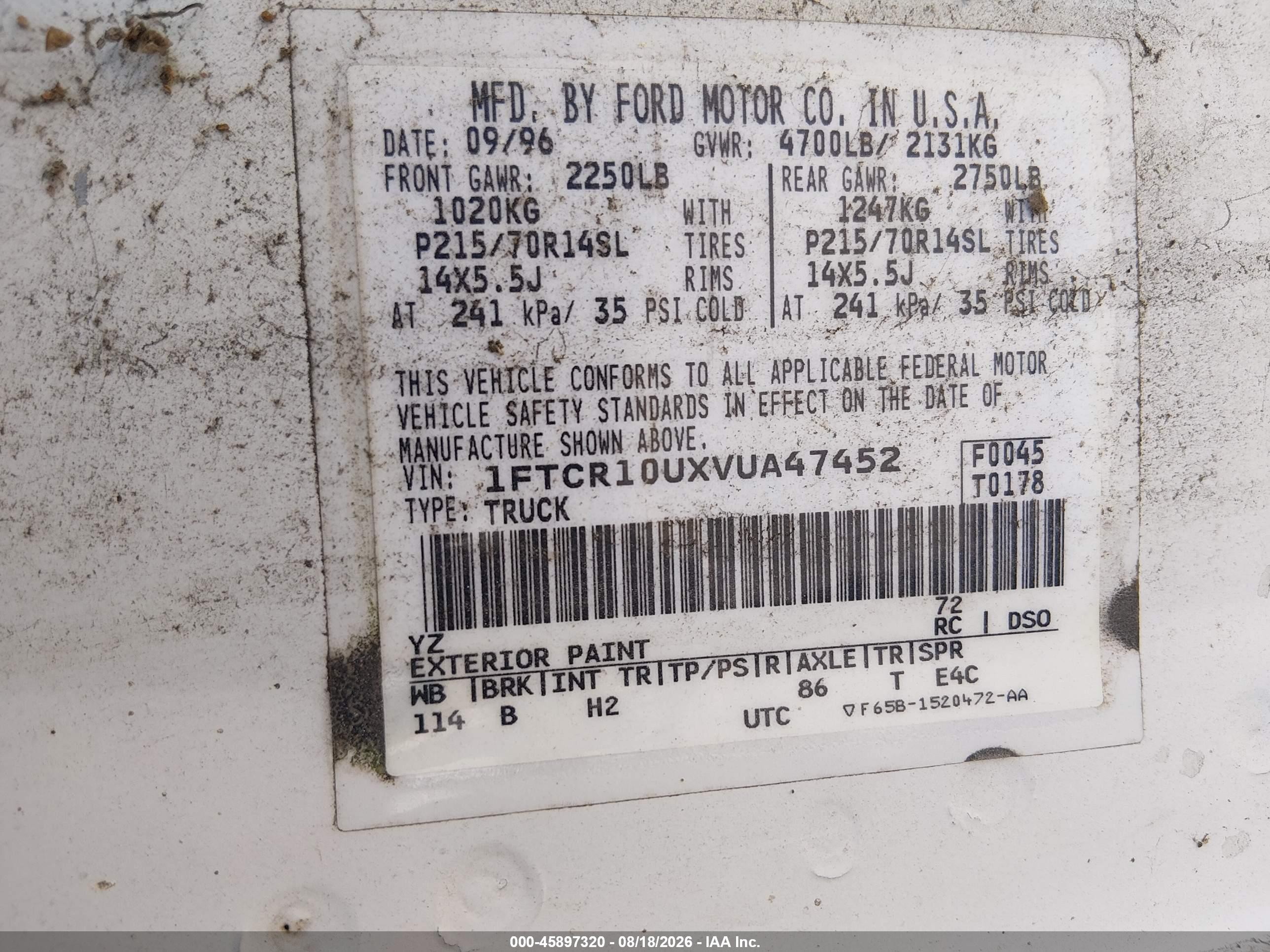 1997 Ford Ranger Splash/xlt White vin: 1FTCR10UXVUA47452
