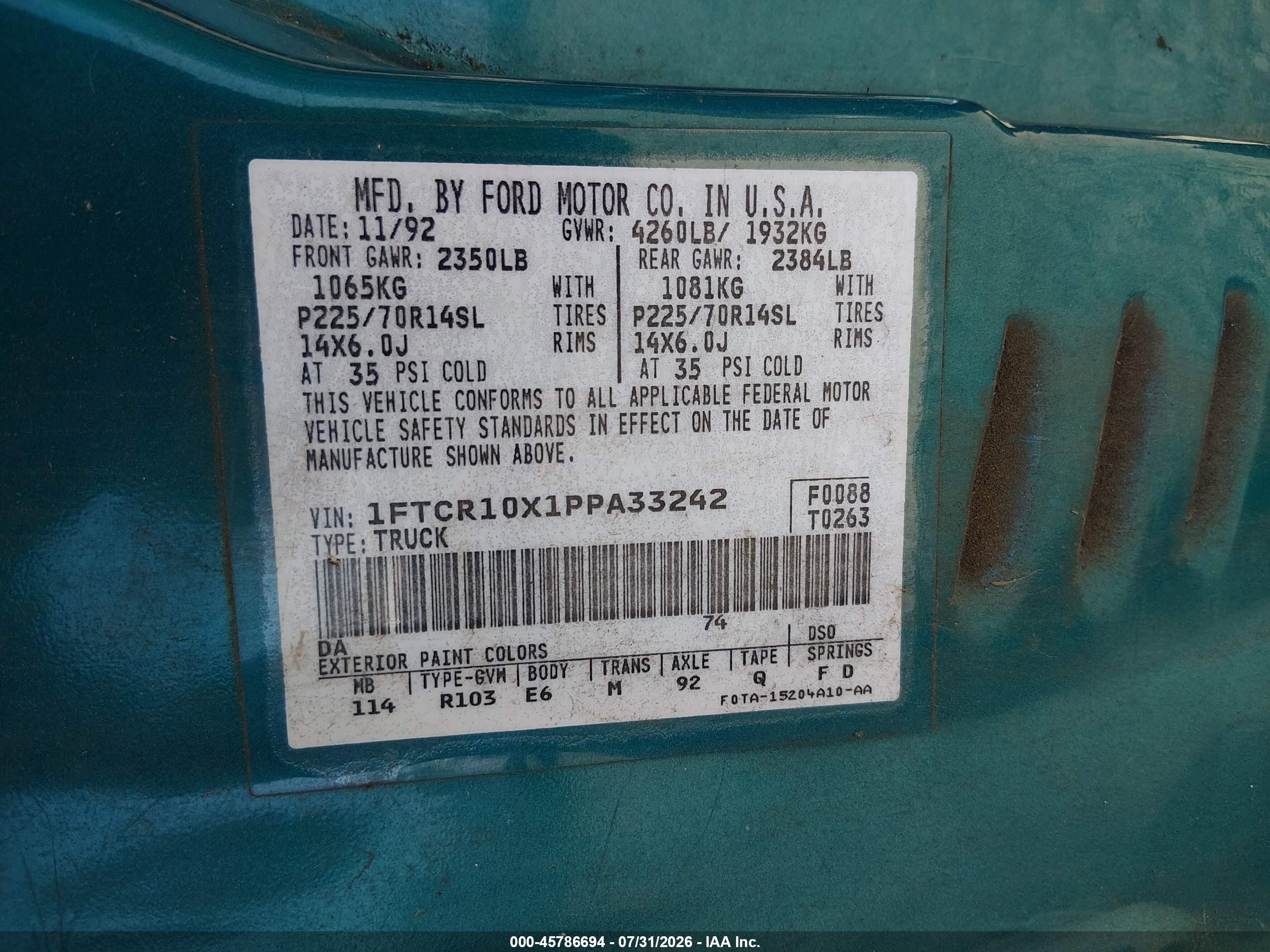 1993 Ford Ranger   Green vin: 1FTCR10X1PPA33242