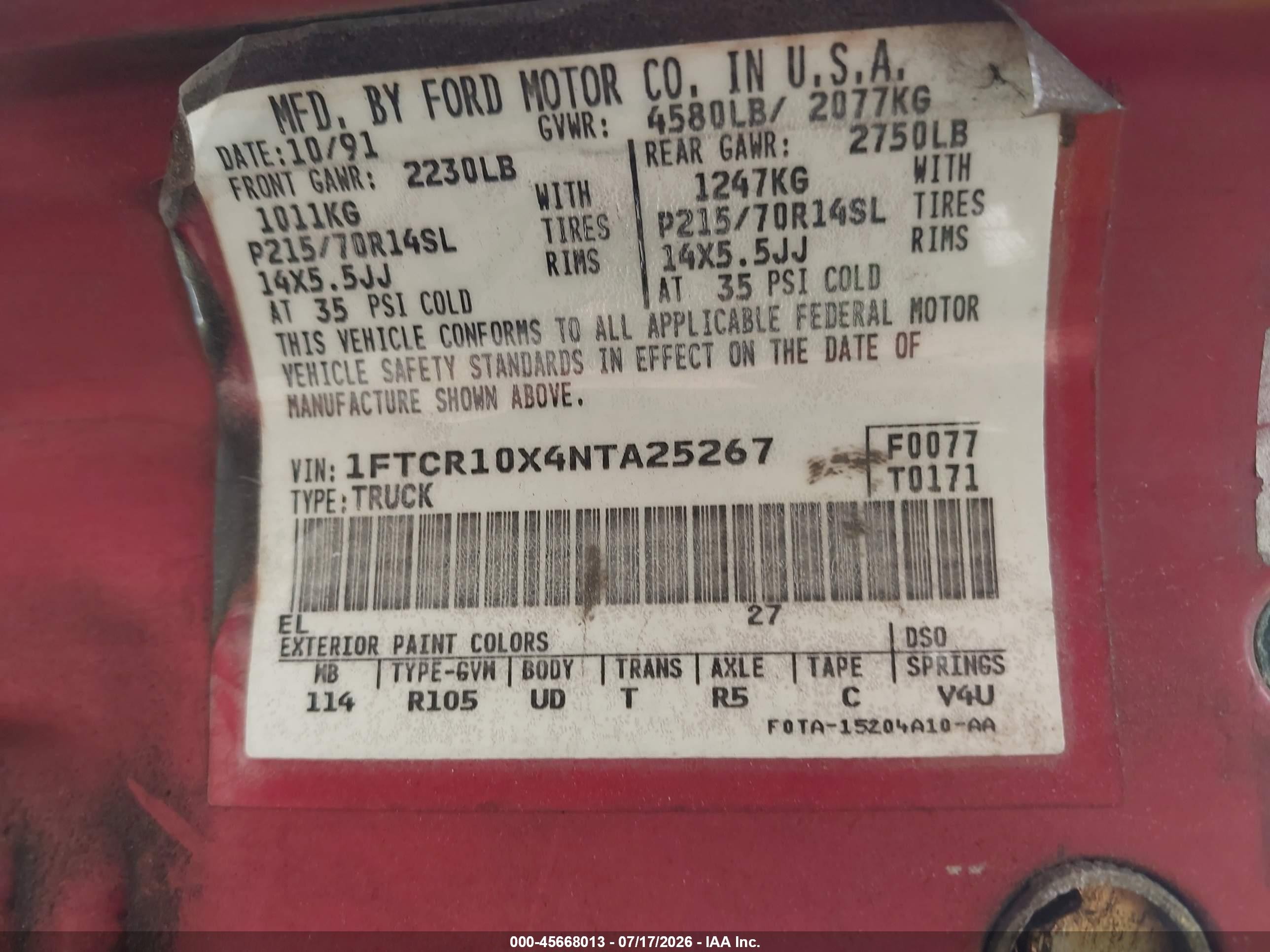 1992 Ford Ranger   Red vin: 1FTCR10X4NTA25267