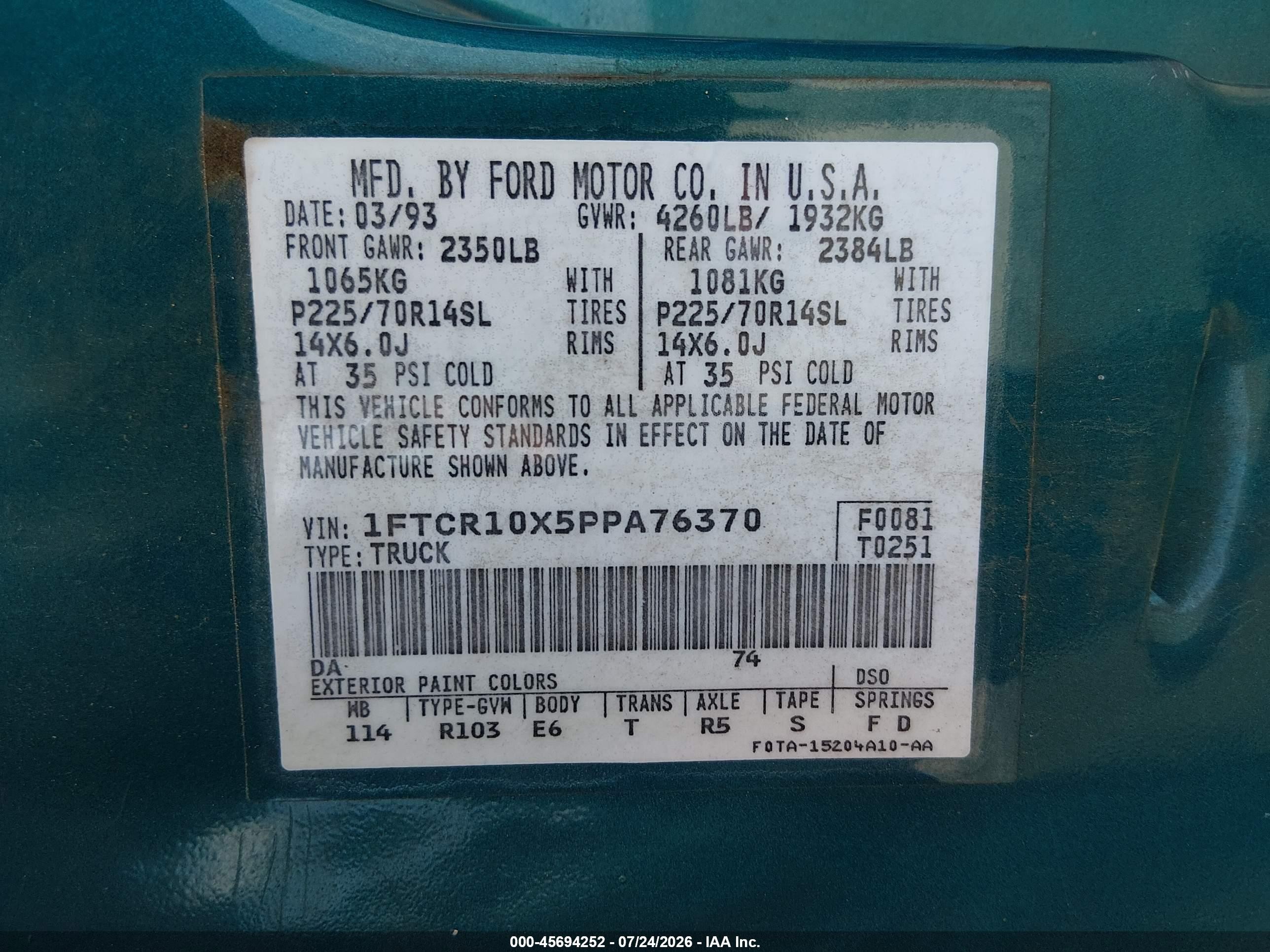 1993 Ford Ranger   Green vin: 1FTCR10X5PPA76370