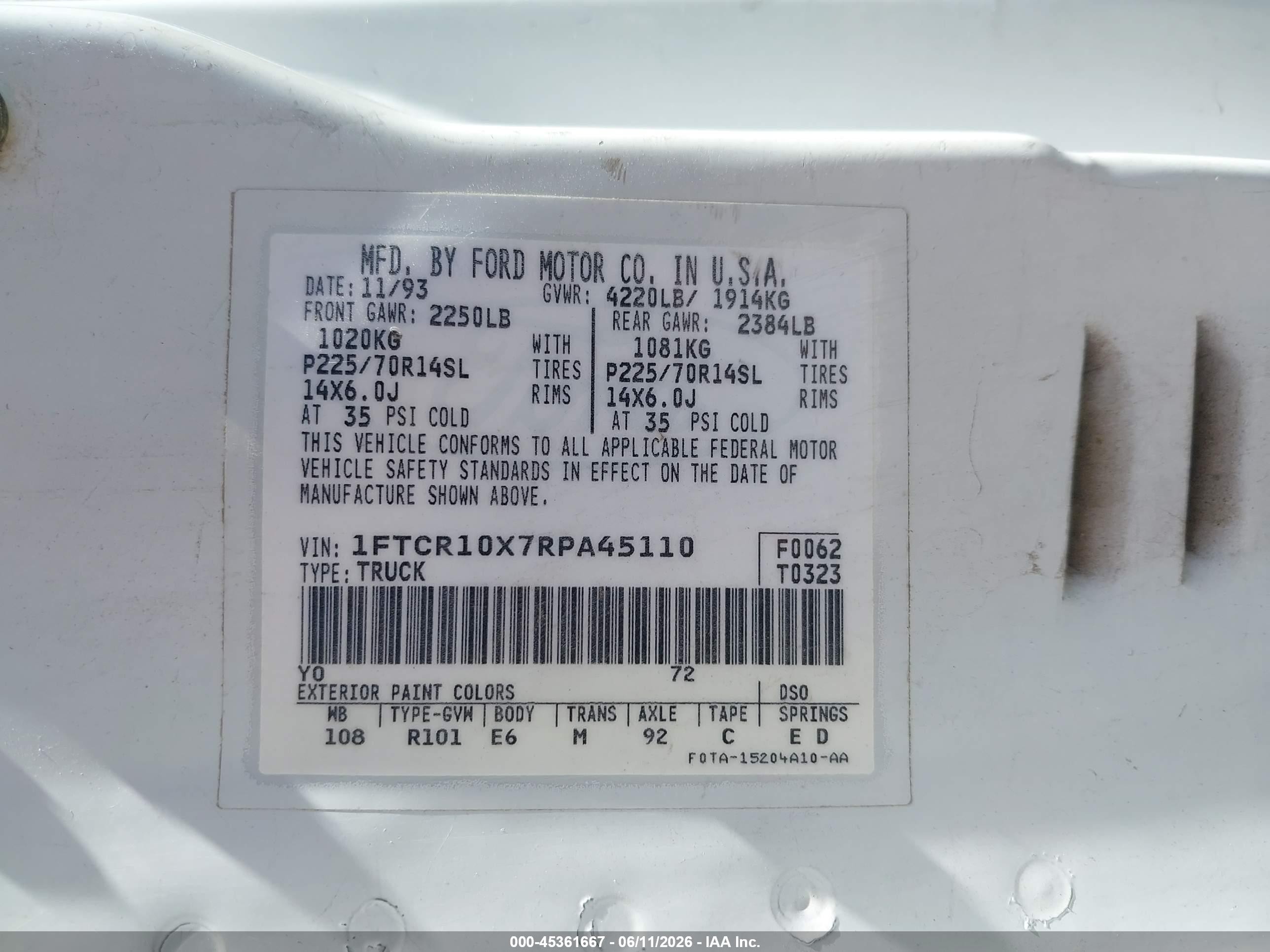 1994 Ford Ranger   White vin: 1FTCR10X7RPA45110