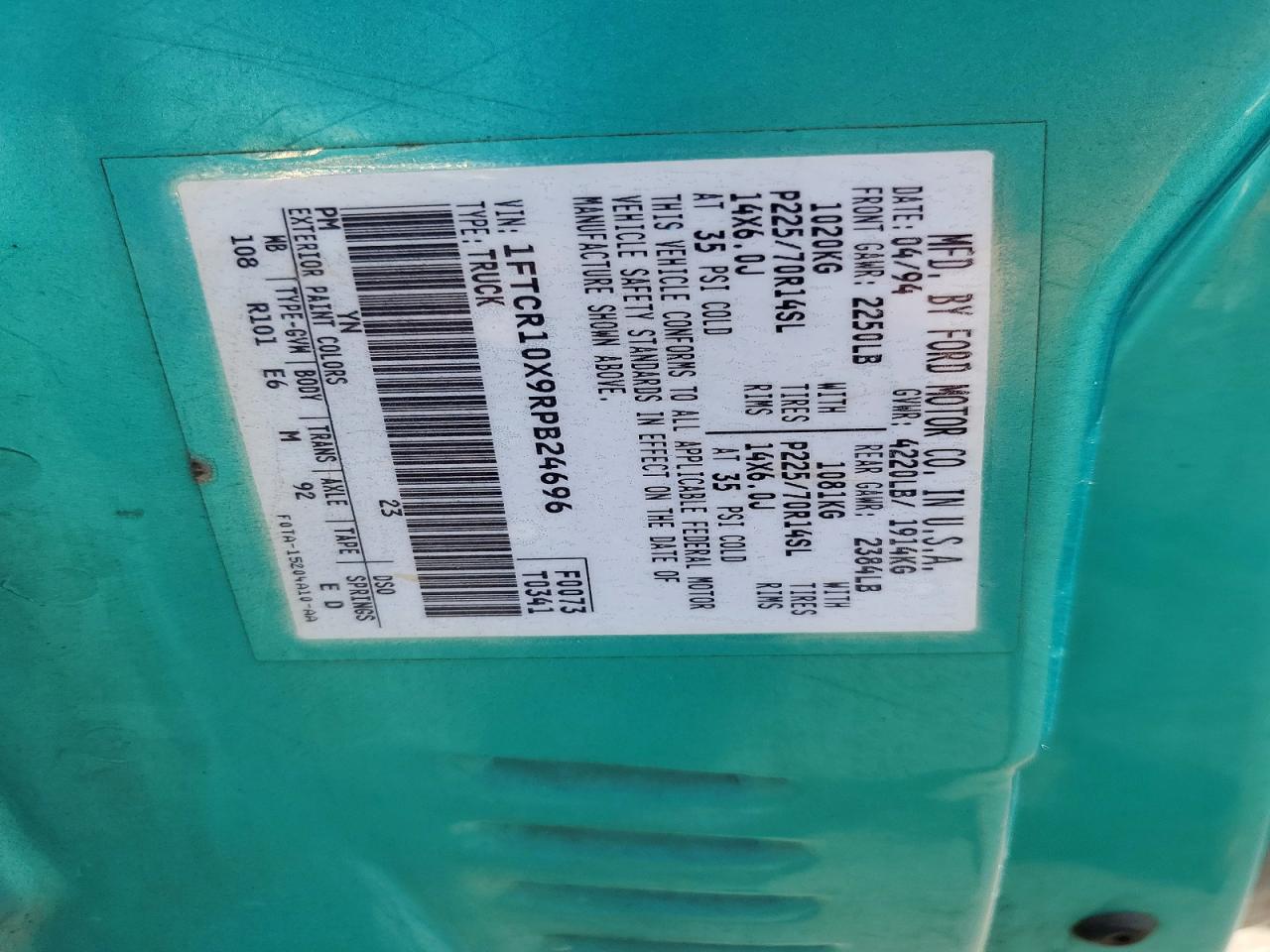 1994 Ford Ranger Turquoise vin: 1FTCR10X9RPB24696
