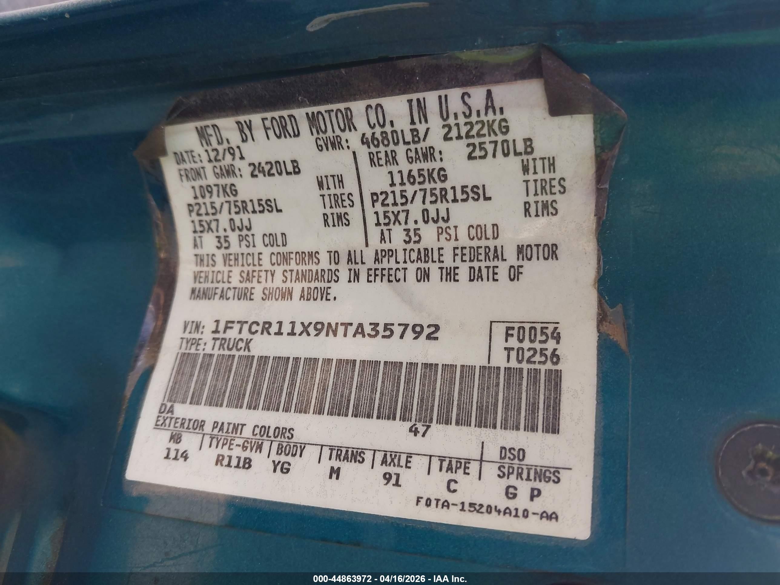 1992 Ford Ranger   Light Blue vin: 1FTCR11X9NTA35792