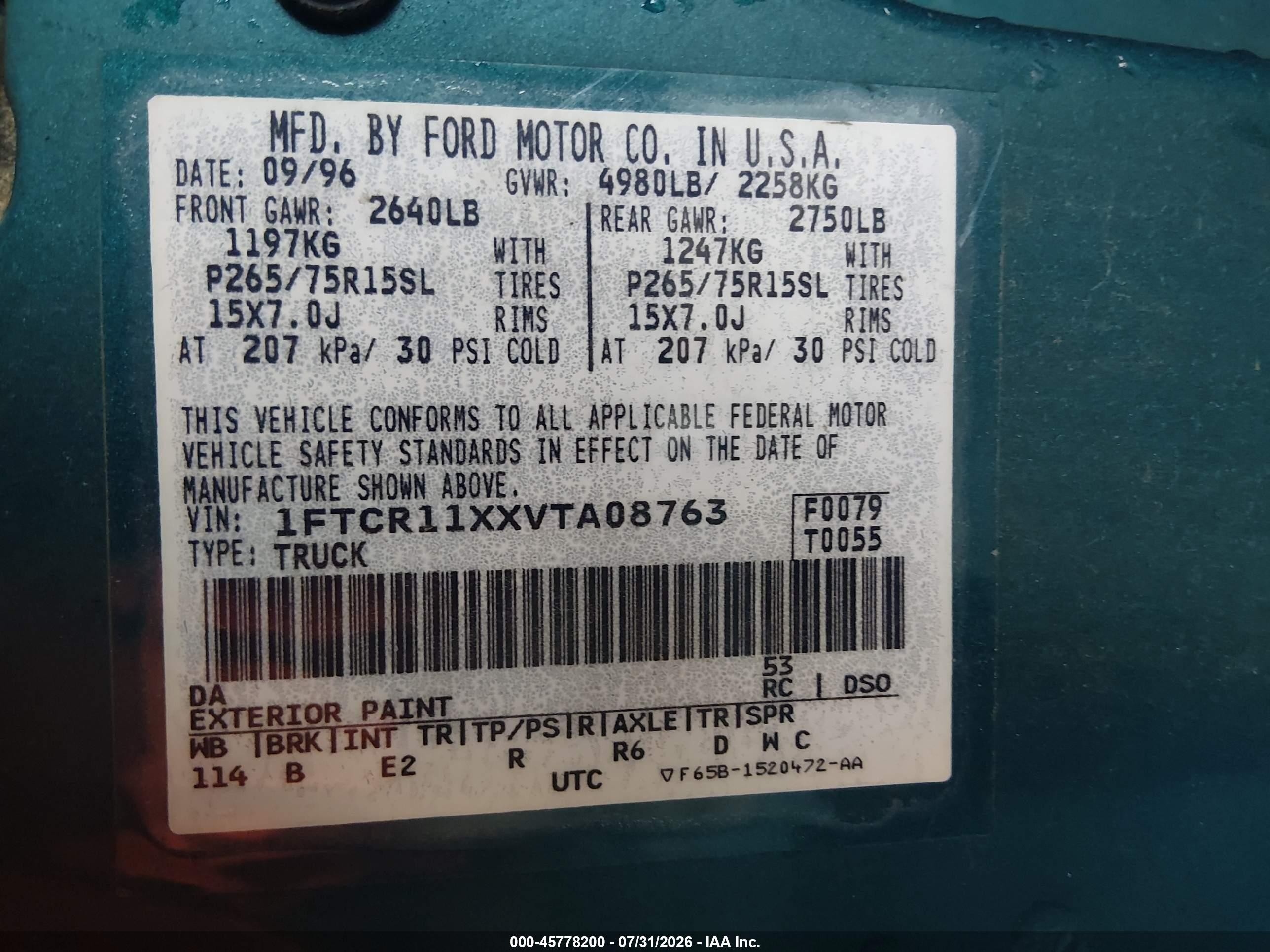 1997 Ford Ranger Splash/stx/xlt Green vin: 1FTCR11XXVTA08763