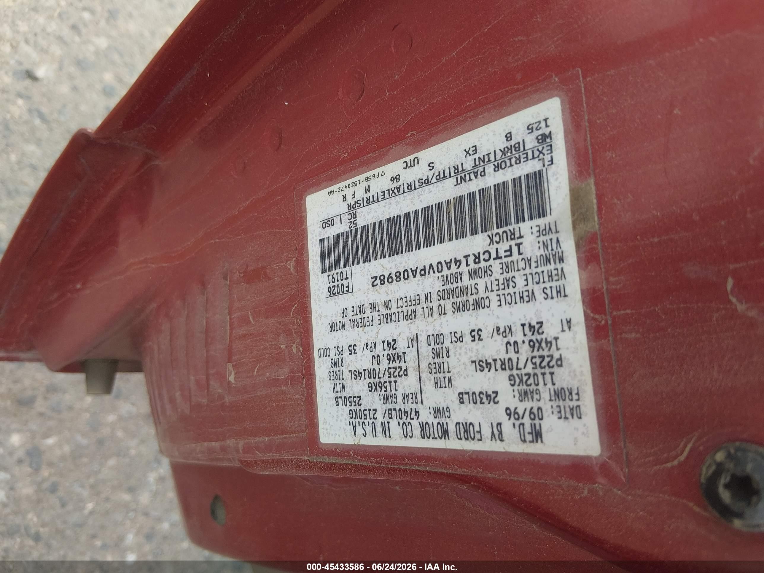1997 Ford Ranger Xl/xlt Red vin: 1FTCR14A0VPA08982