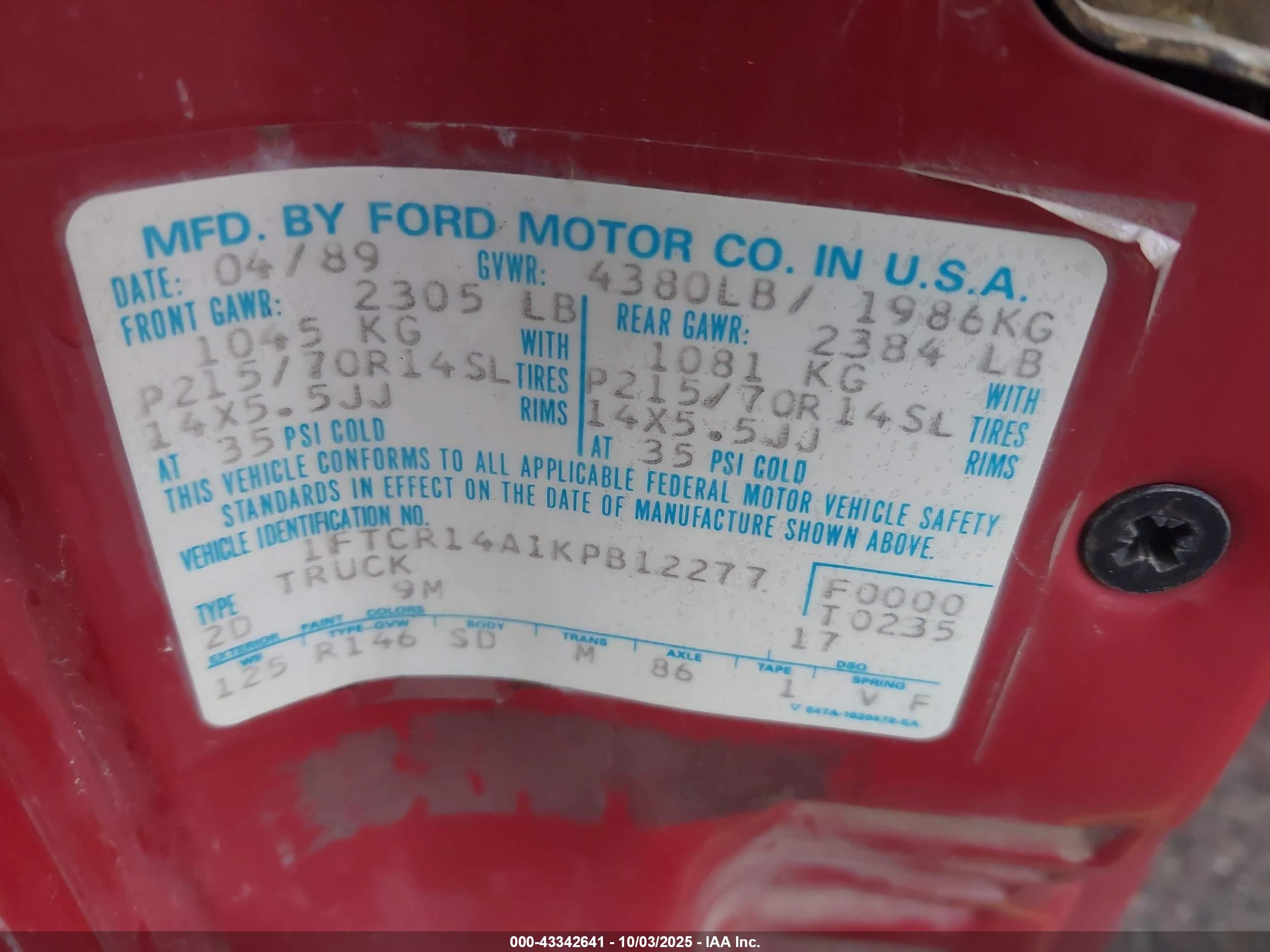 1989 Ford Ranger Super Cab Красный vin: 1FTCR14A1KPB12277