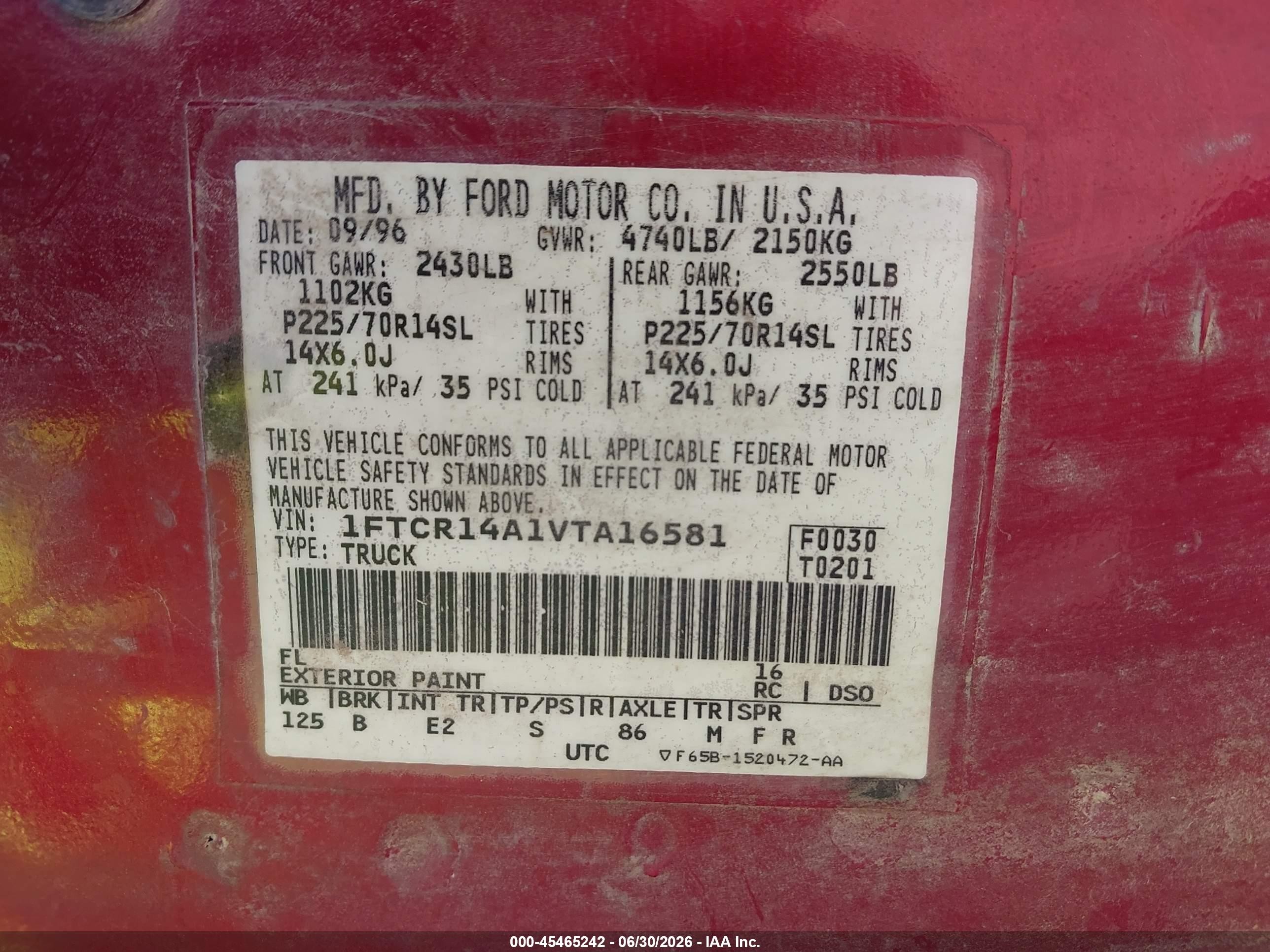 1997 Ford Ranger Xl/xlt Red vin: 1FTCR14A1VTA16581