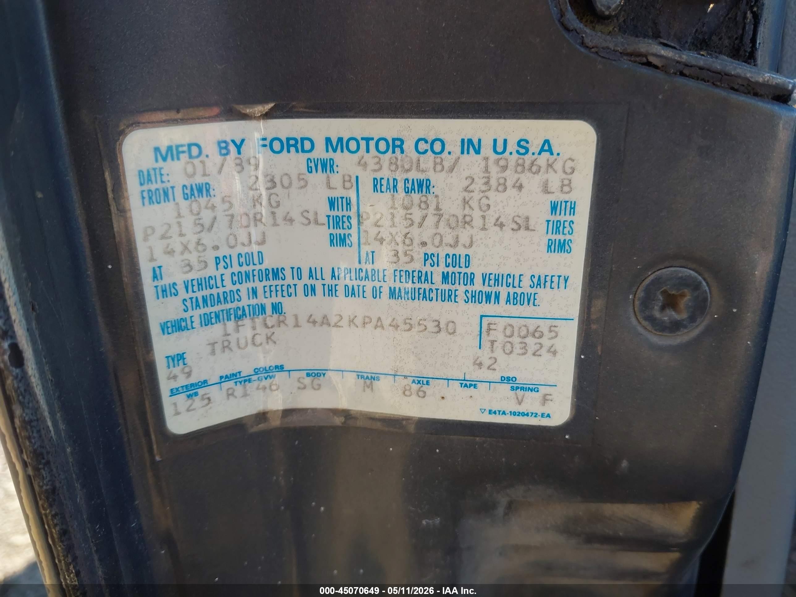 1989 Ford Ranger Super Cab Gray vin: 1FTCR14A2KPA45530
