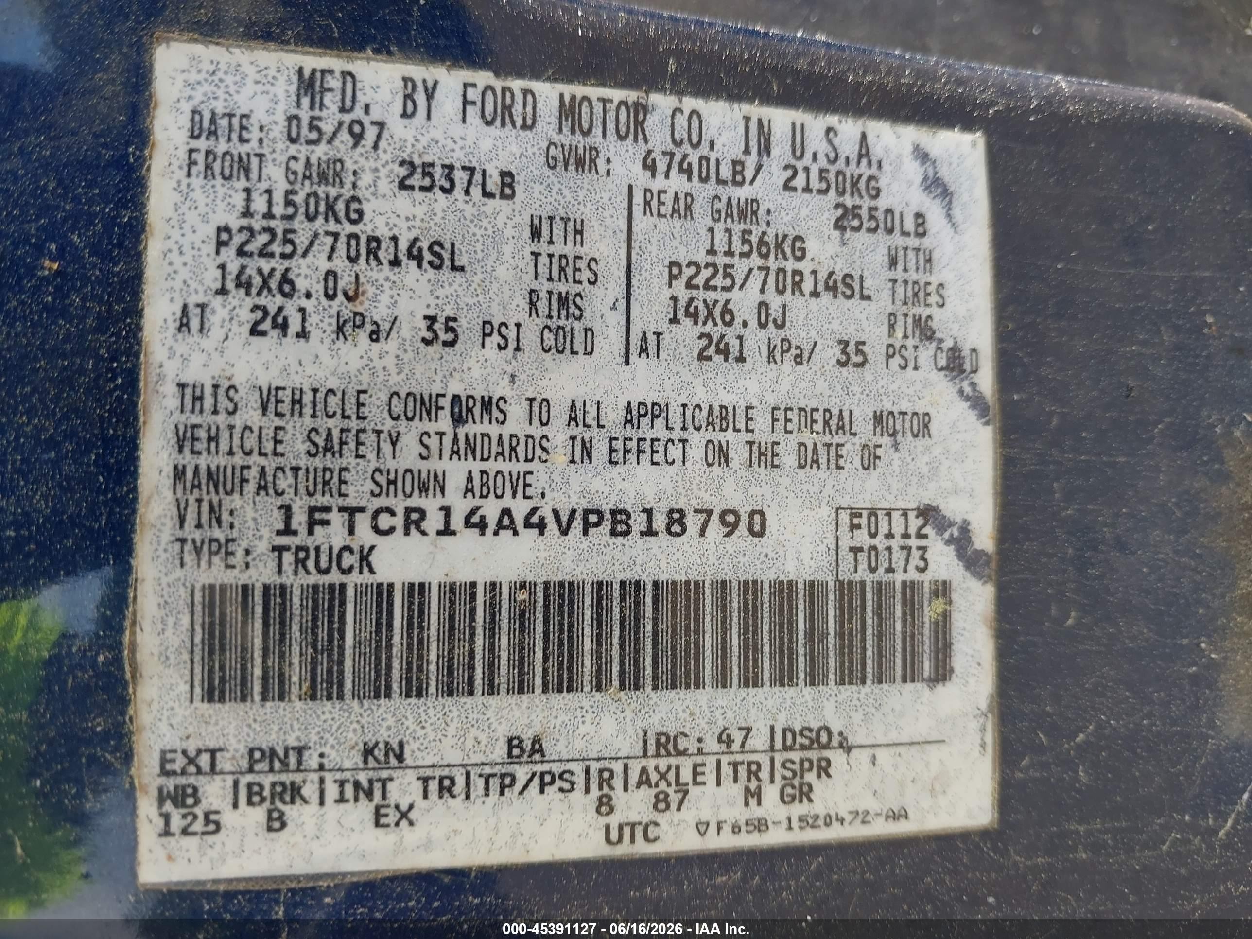 1997 Ford Ranger Xl/xlt Blue vin: 1FTCR14A4VPB18790