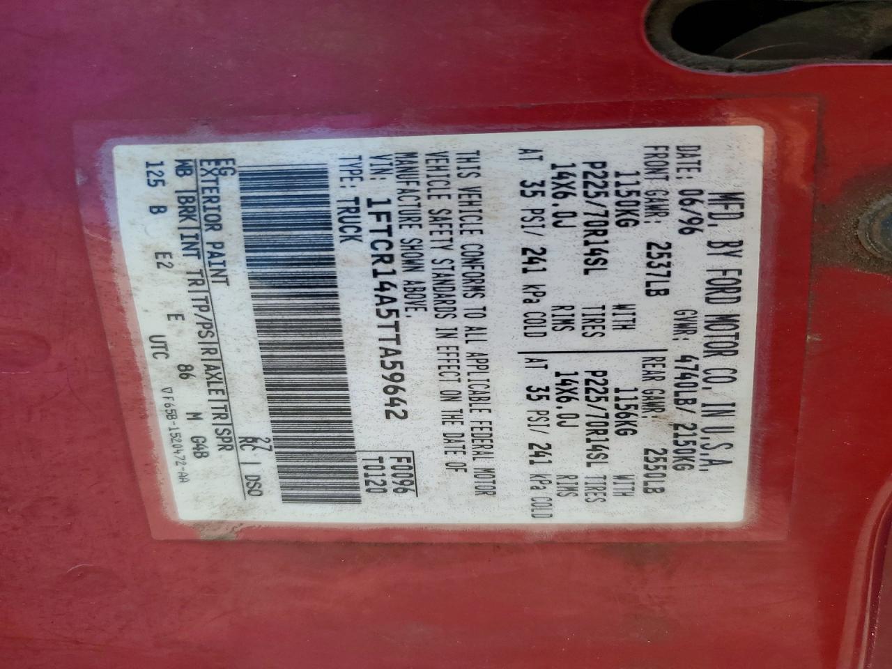 1996 Ford Ranger Super Cab Red vin: 1FTCR14A5TTA59642