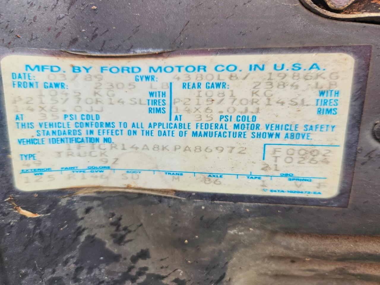 1989 Ford Ranger Super Cab Серый vin: 1FTCR14A8KPA86972