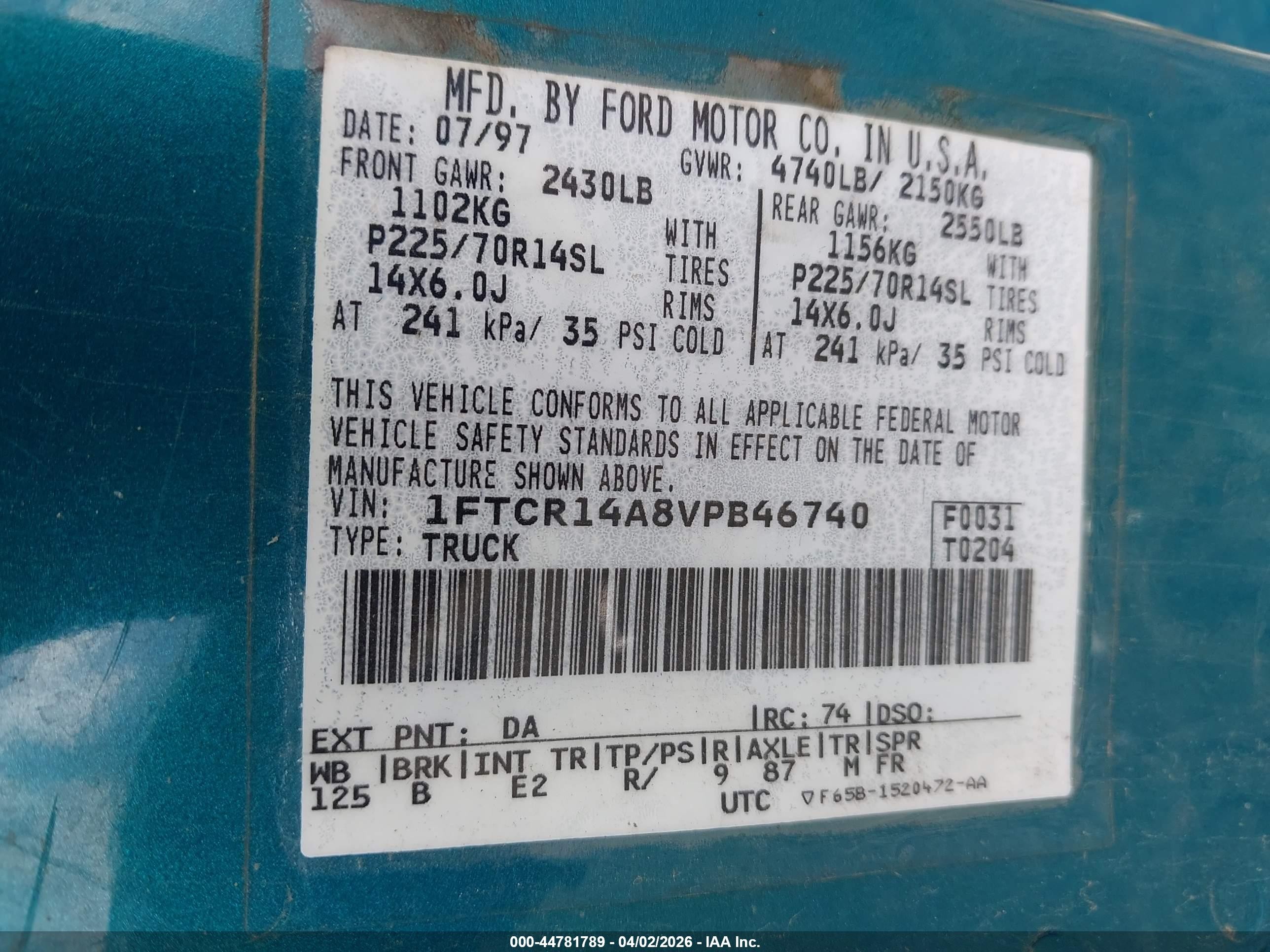 1997 Ford Ranger Xl/xlt Green vin: 1FTCR14A8VPB46740