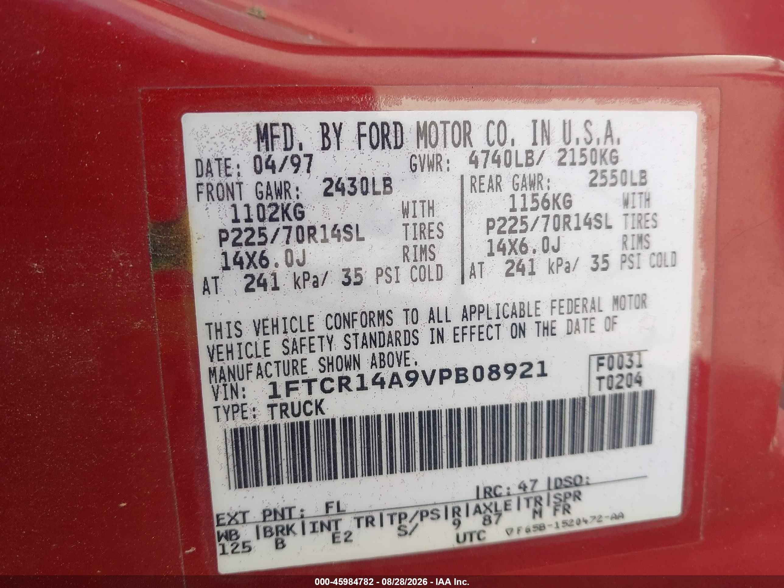 1997 Ford Ranger Xl/xlt Red vin: 1FTCR14A9VPB08921