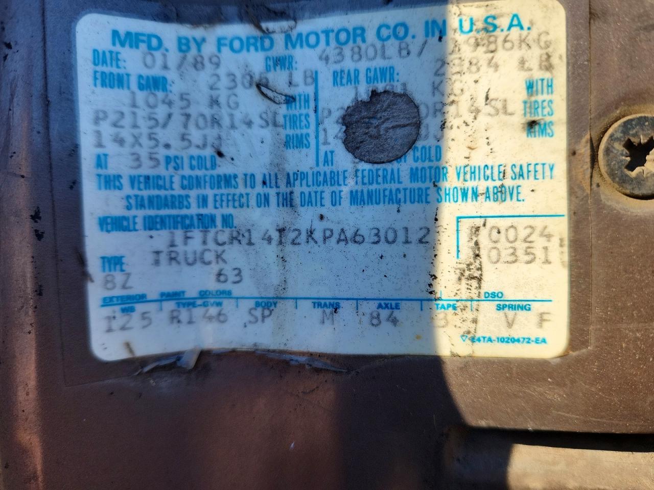1989 Ford Ranger Sup Brown vin: 1FTCR14T2KPA63012