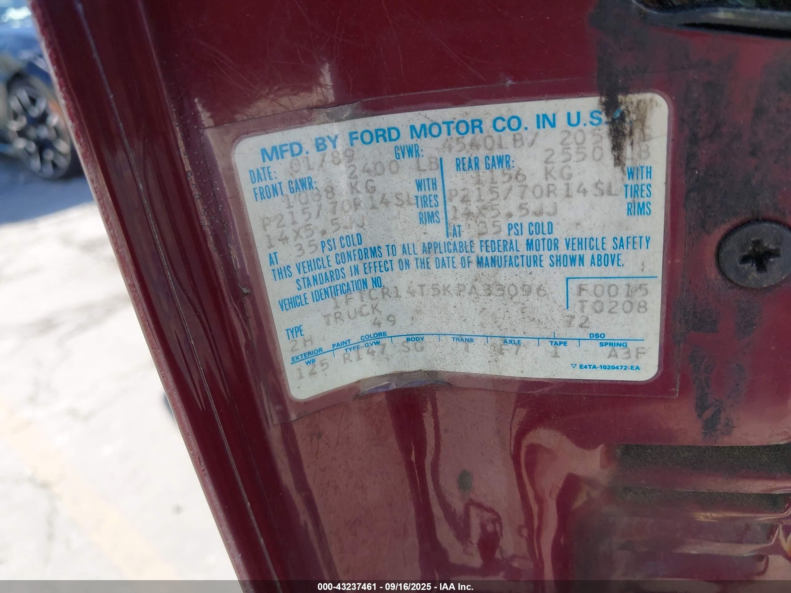 1989 Ford Ranger Super Cab Red vin: 1FTCR14T5KPA33096