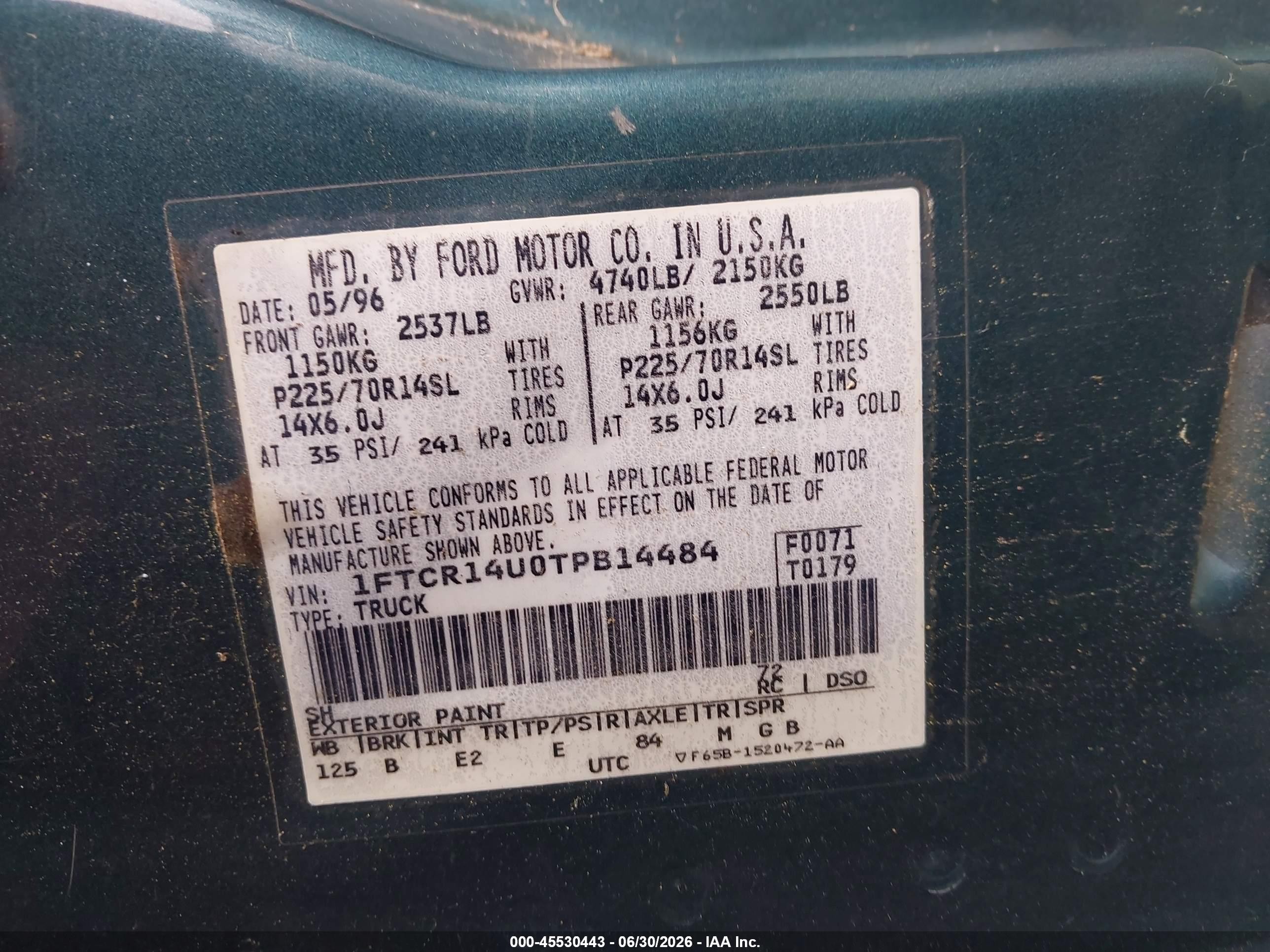 1996 Ford Ranger Super Cab Green vin: 1FTCR14U0TPB14484