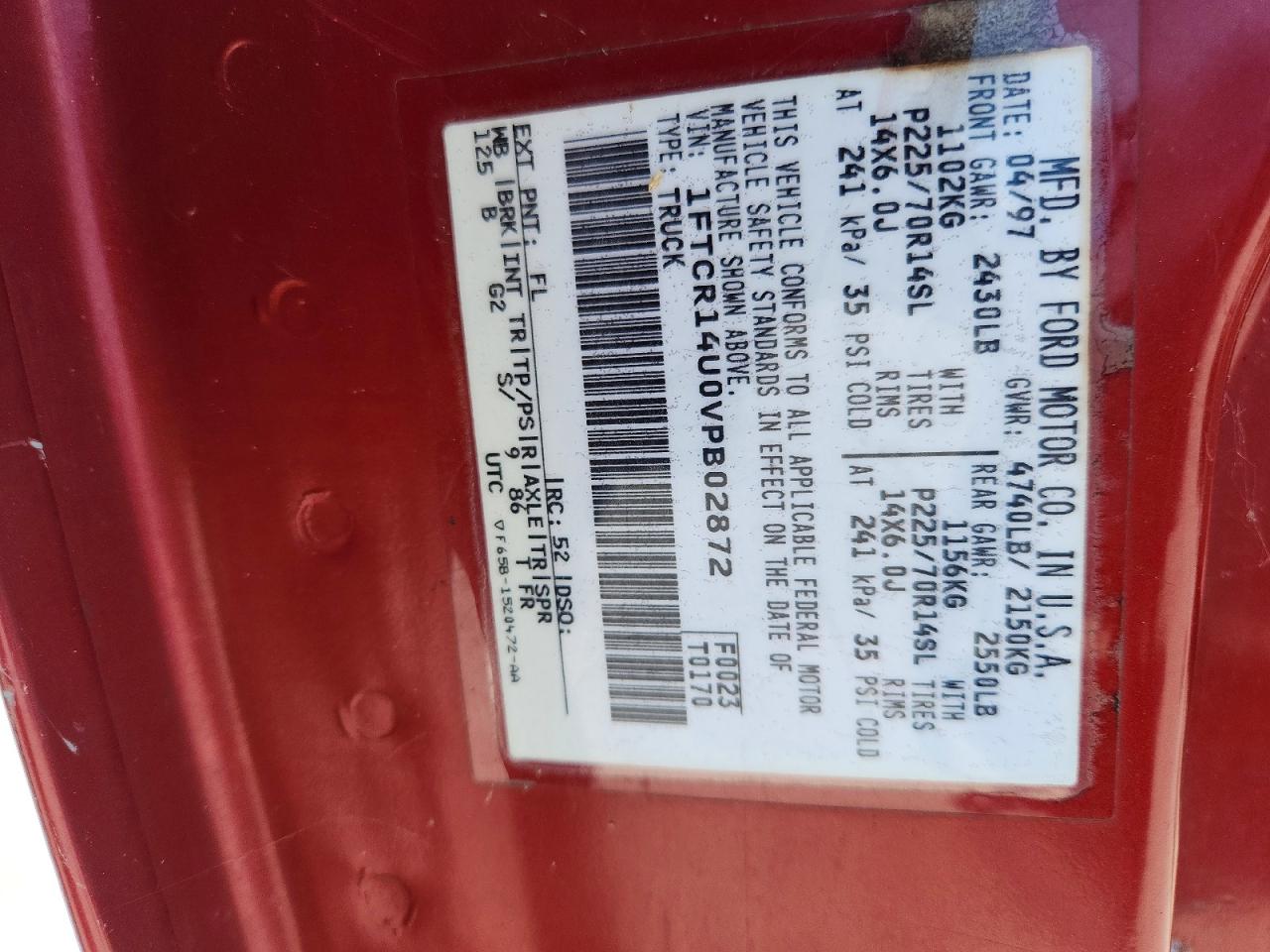 1997 Ford Ranger Super Cab Red vin: 1FTCR14U0VPB02872