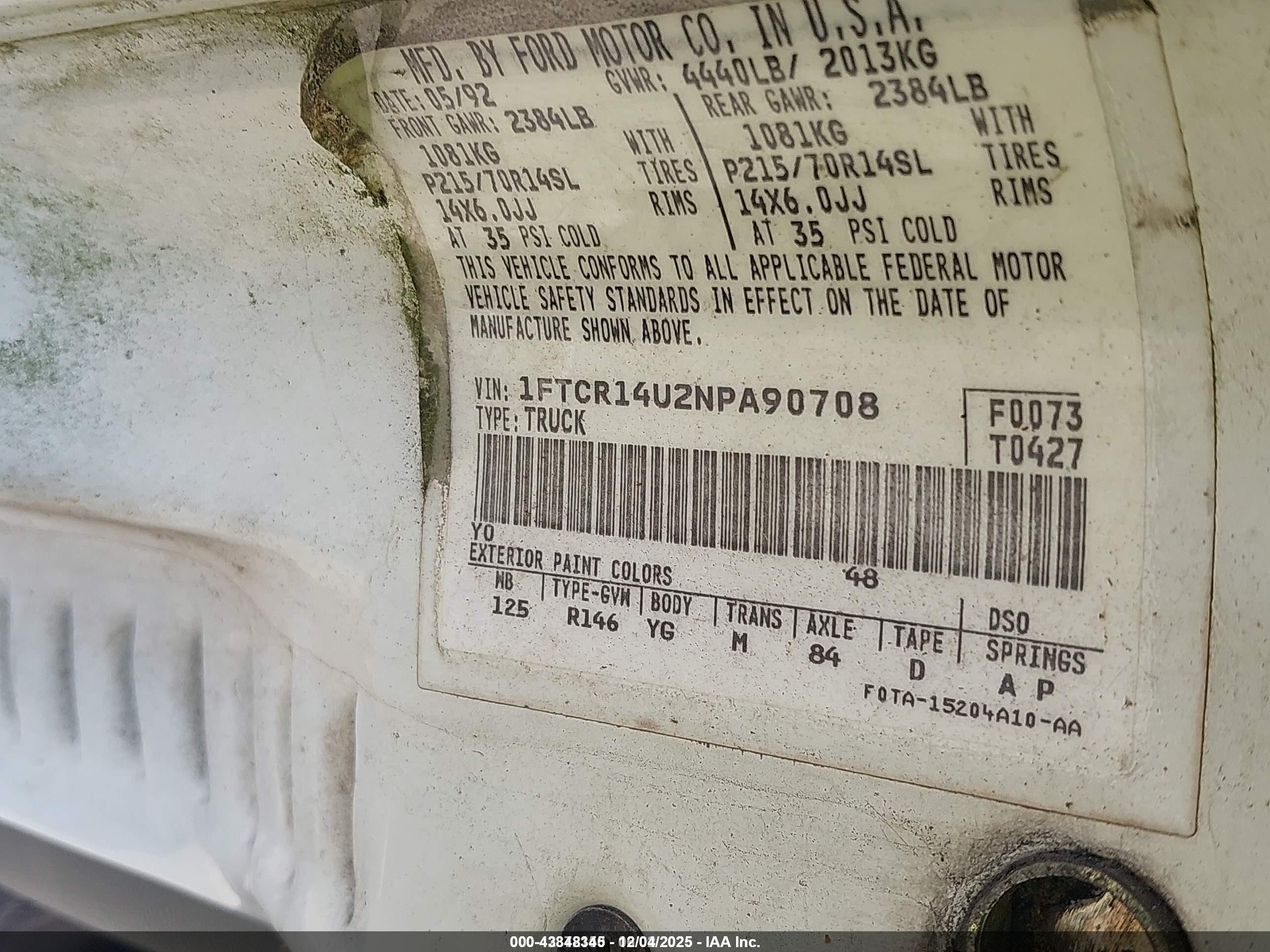 1992 Ford Ranger Super Cab White vin: 1FTCR14U2NPA90708