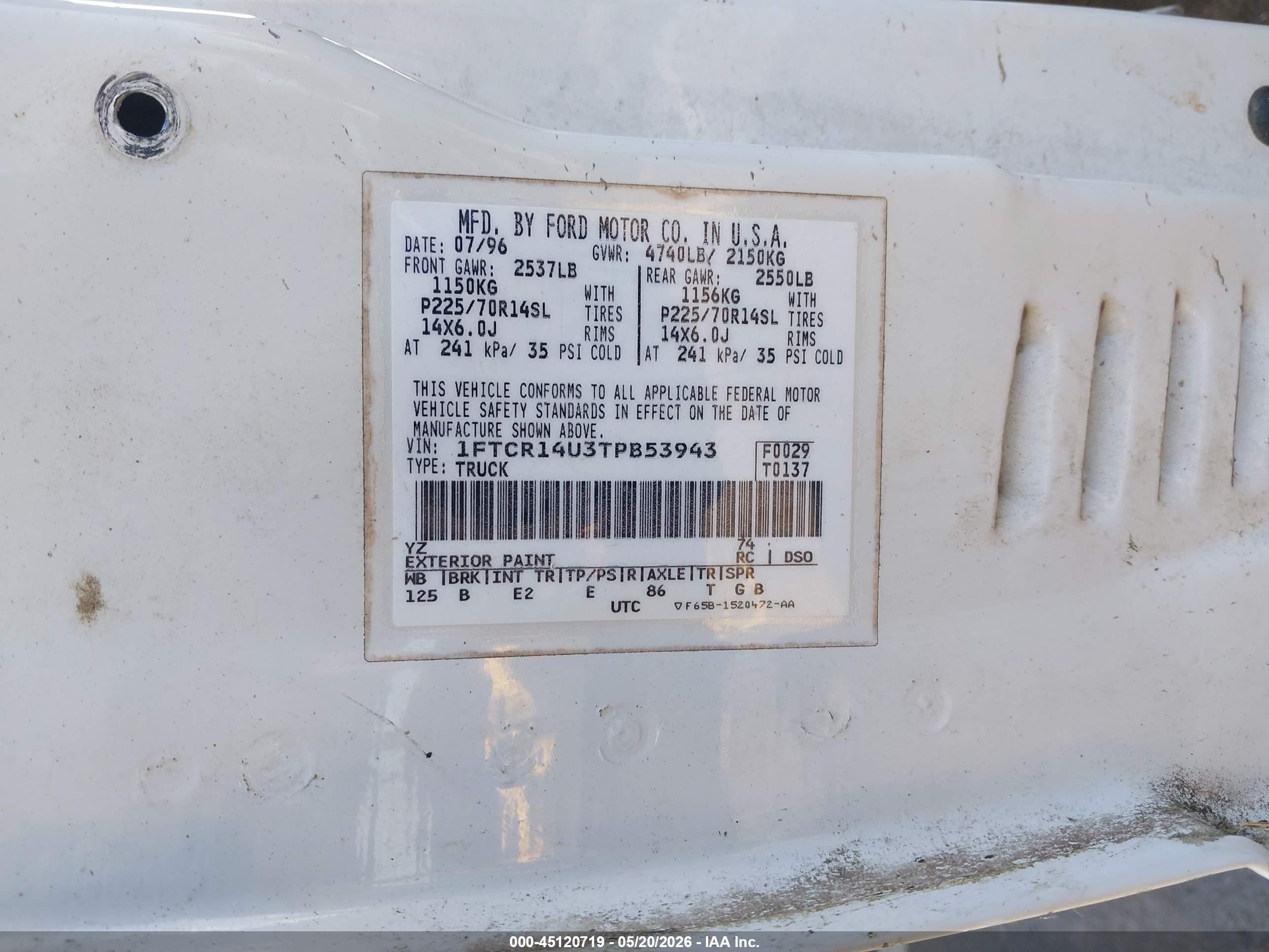 1996 Ford Ranger Super Cab White vin: 1FTCR14U3TPB53943