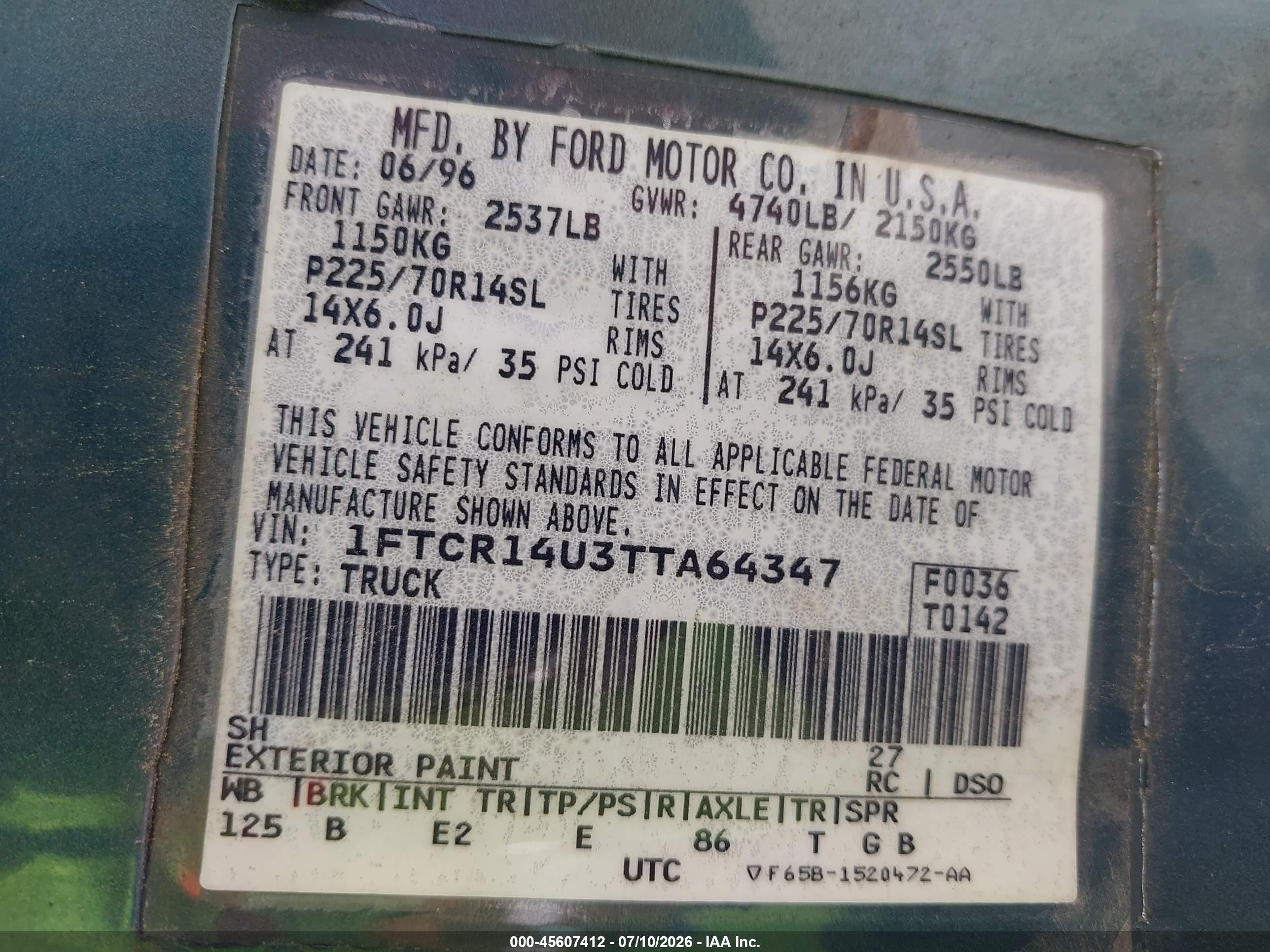 1996 Ford Ranger Super Cab Green vin: 1FTCR14U3TTA64347