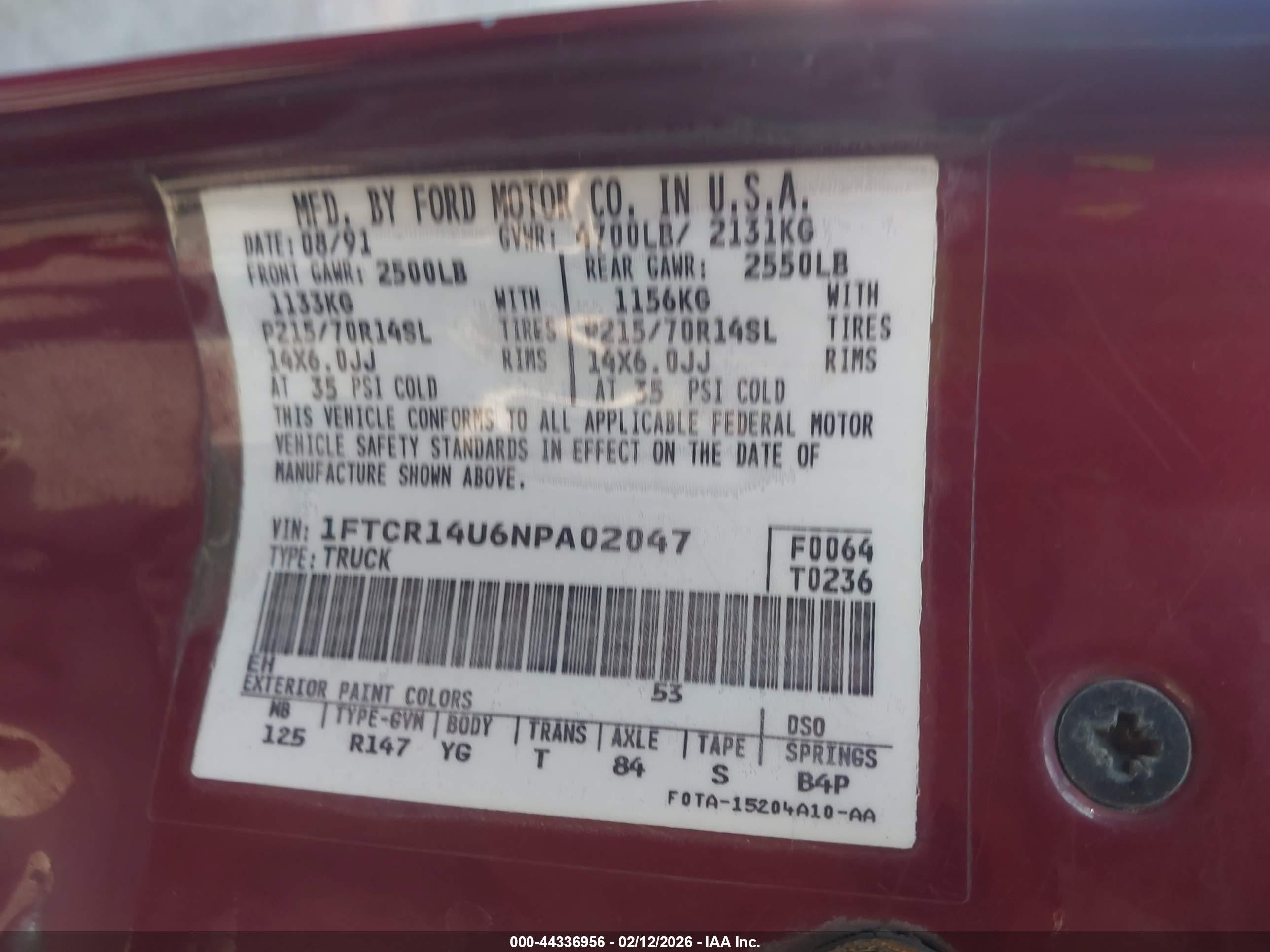 1992 Ford Ranger Super Cab Red vin: 1FTCR14U6NPA02047