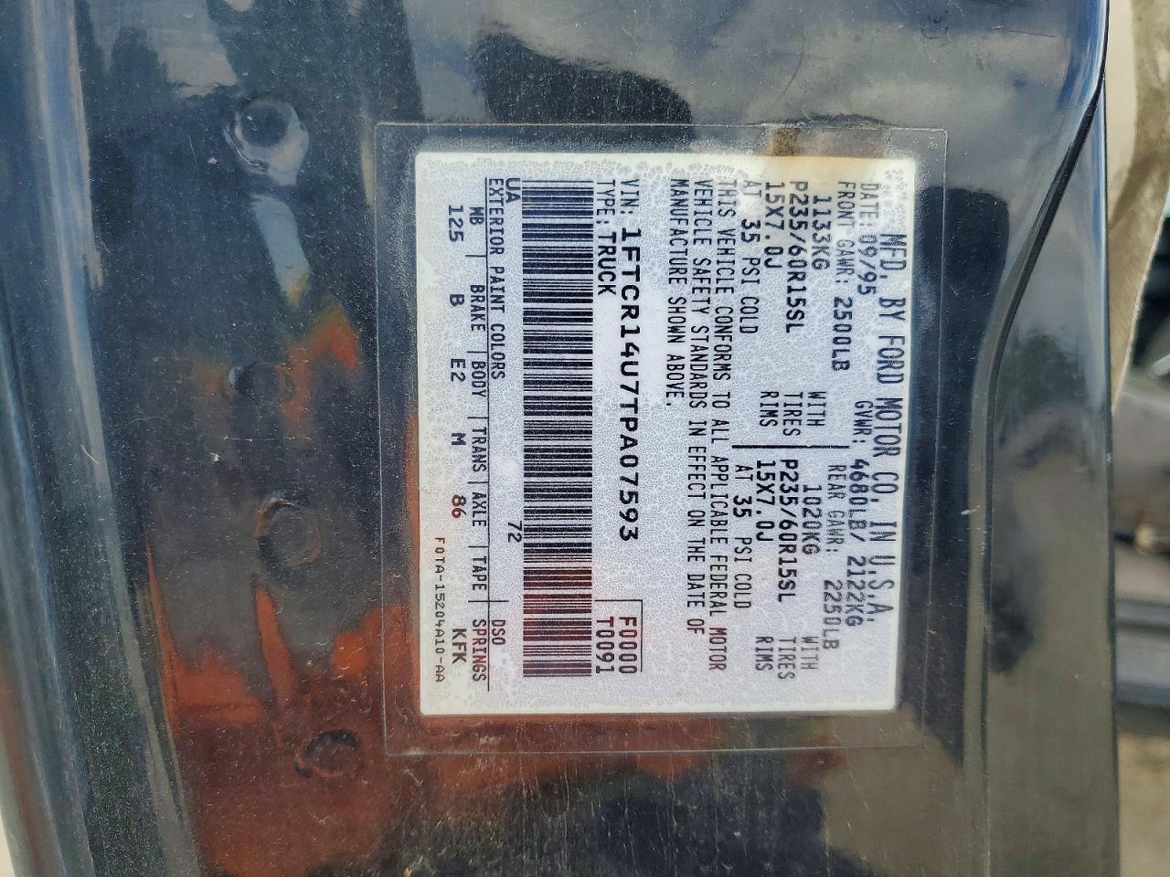 1996 Ford Ranger Super Cab Black vin: 1FTCR14U7TPA07593