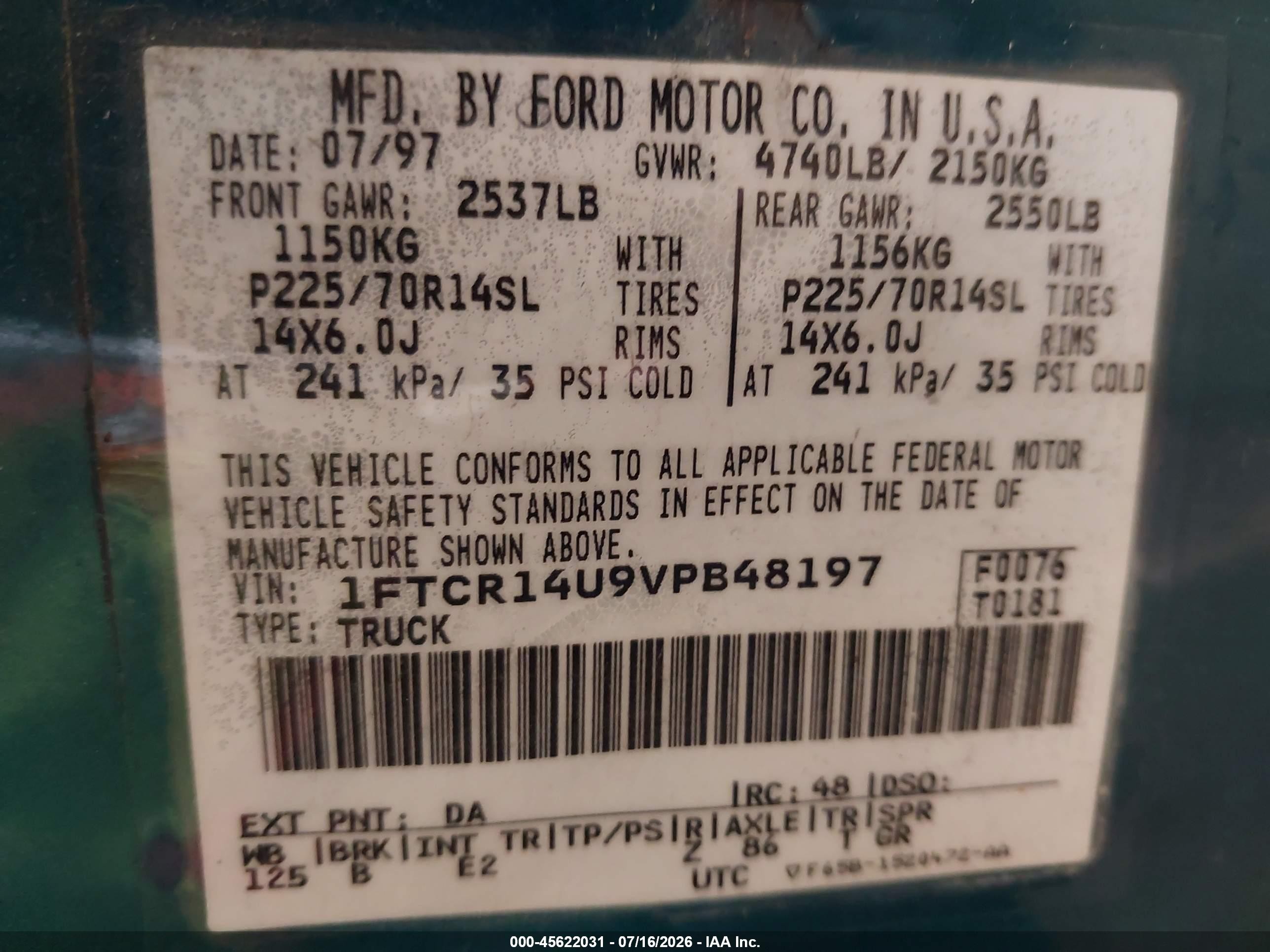 1997 Ford Ranger Splash/xl/xlt Green vin: 1FTCR14U9VPB48197