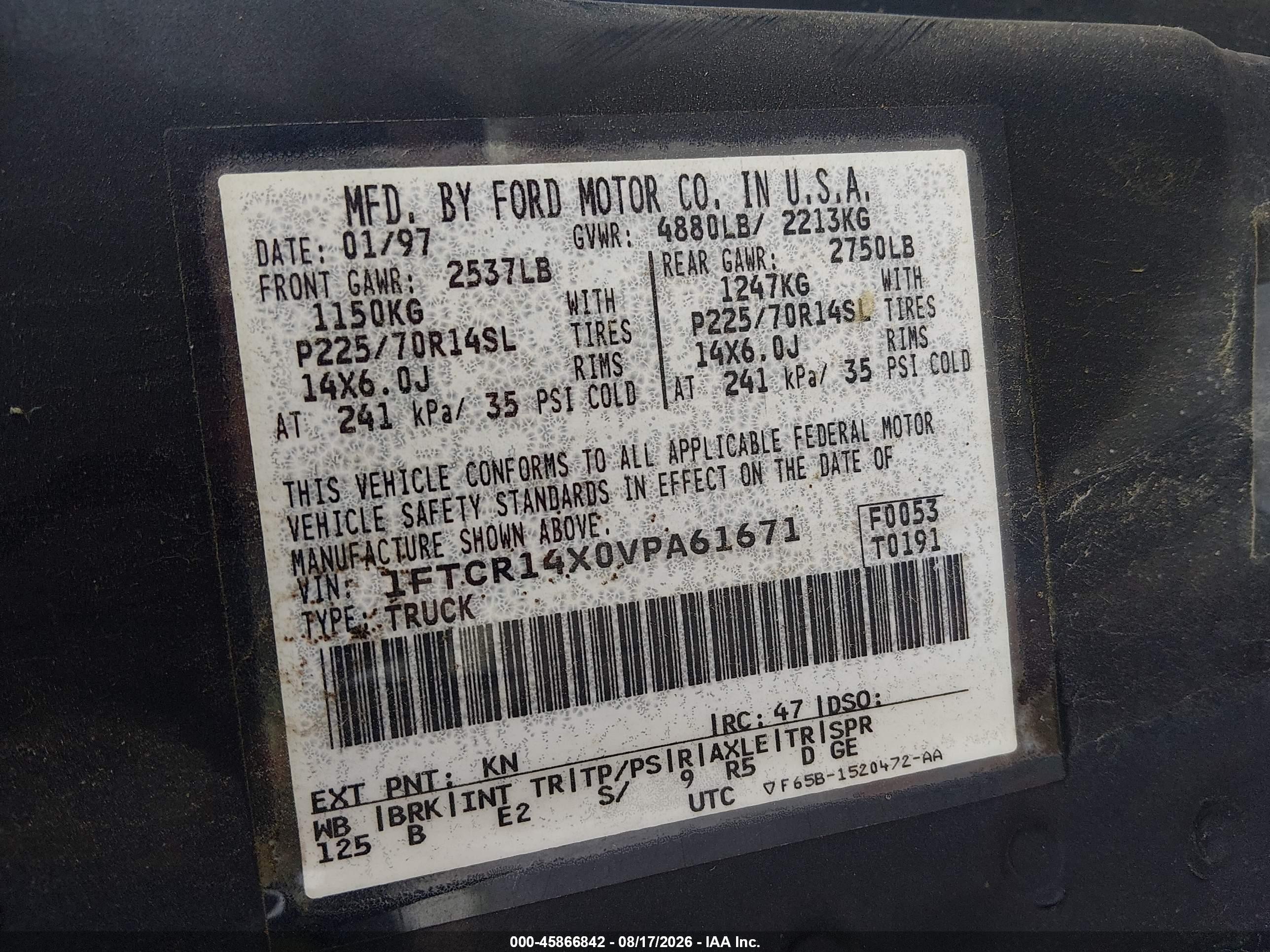 1997 Ford Ranger Splash/xlt Blue vin: 1FTCR14X0VPA61671