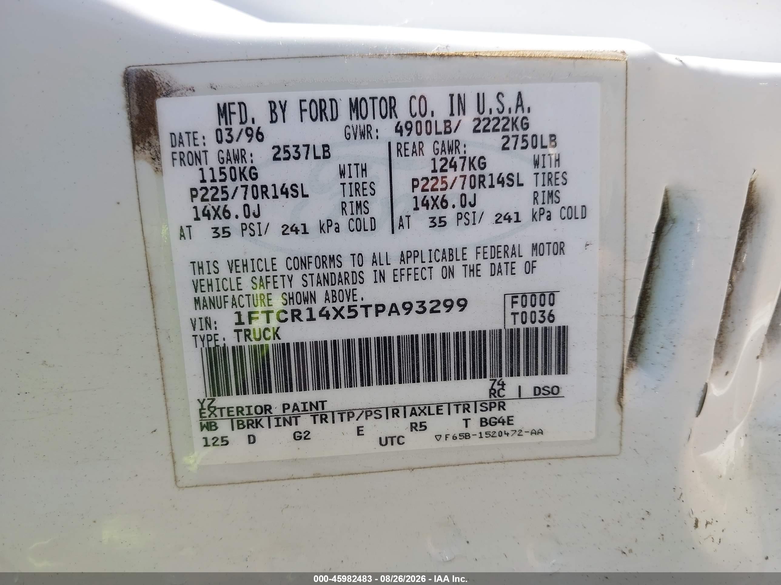 1996 Ford Ranger Super Cab White vin: 1FTCR14X5TPA93299